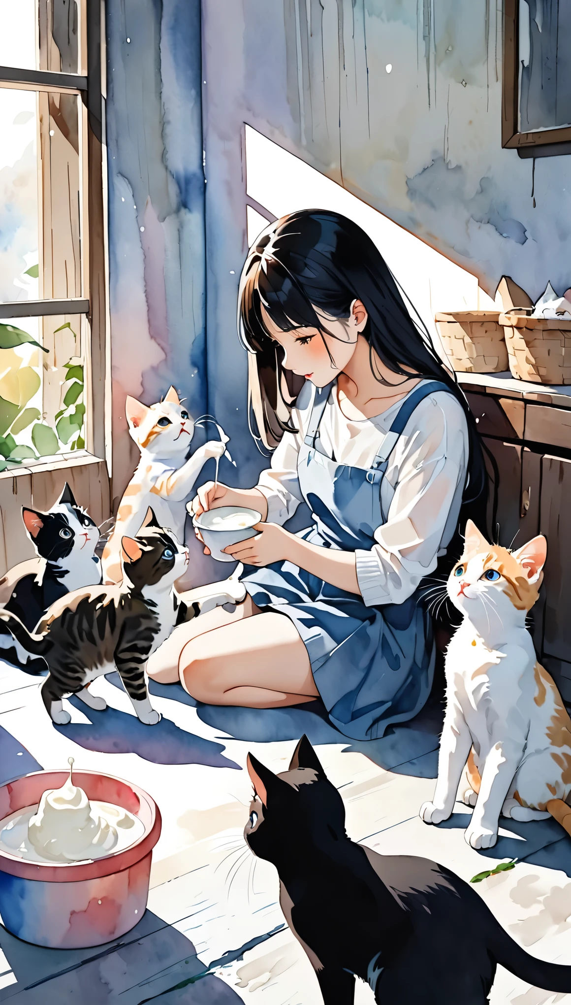 20 years old, Black Hair Beauty, Cute cats and kittens, Mother cat feeding her kittens with milk,  watercolor style , Gentle colors, Delicate Dynamic Textures ,   Contrast of Light and Shadow , 2.5D, Super detailed, The perfect solution, Best Quality