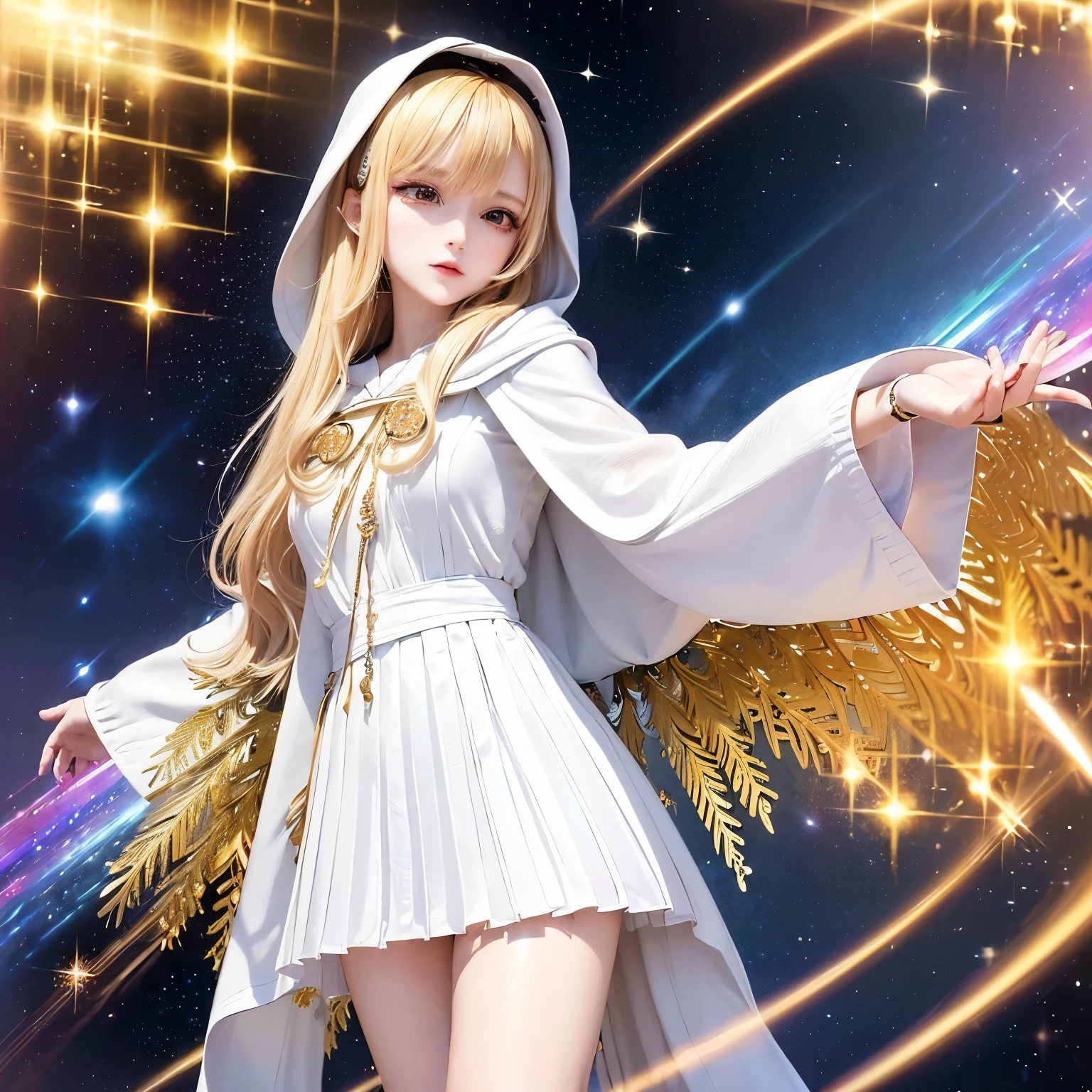 (masterpiece, Best Quality, Best Quality, Official Art, Beautiful and aesthetic:1.2), ( 1 girl), extreme detail , ( Fractal Art :1.3), colorful, Highest detail, perfect face, upper body, high definition, (pray:1.3), ( white cloak golden line :1.2), galaxy, (Streaks of light), impressive visuals , ( dynamic stripes , Shining Trail:1.2), bright color,