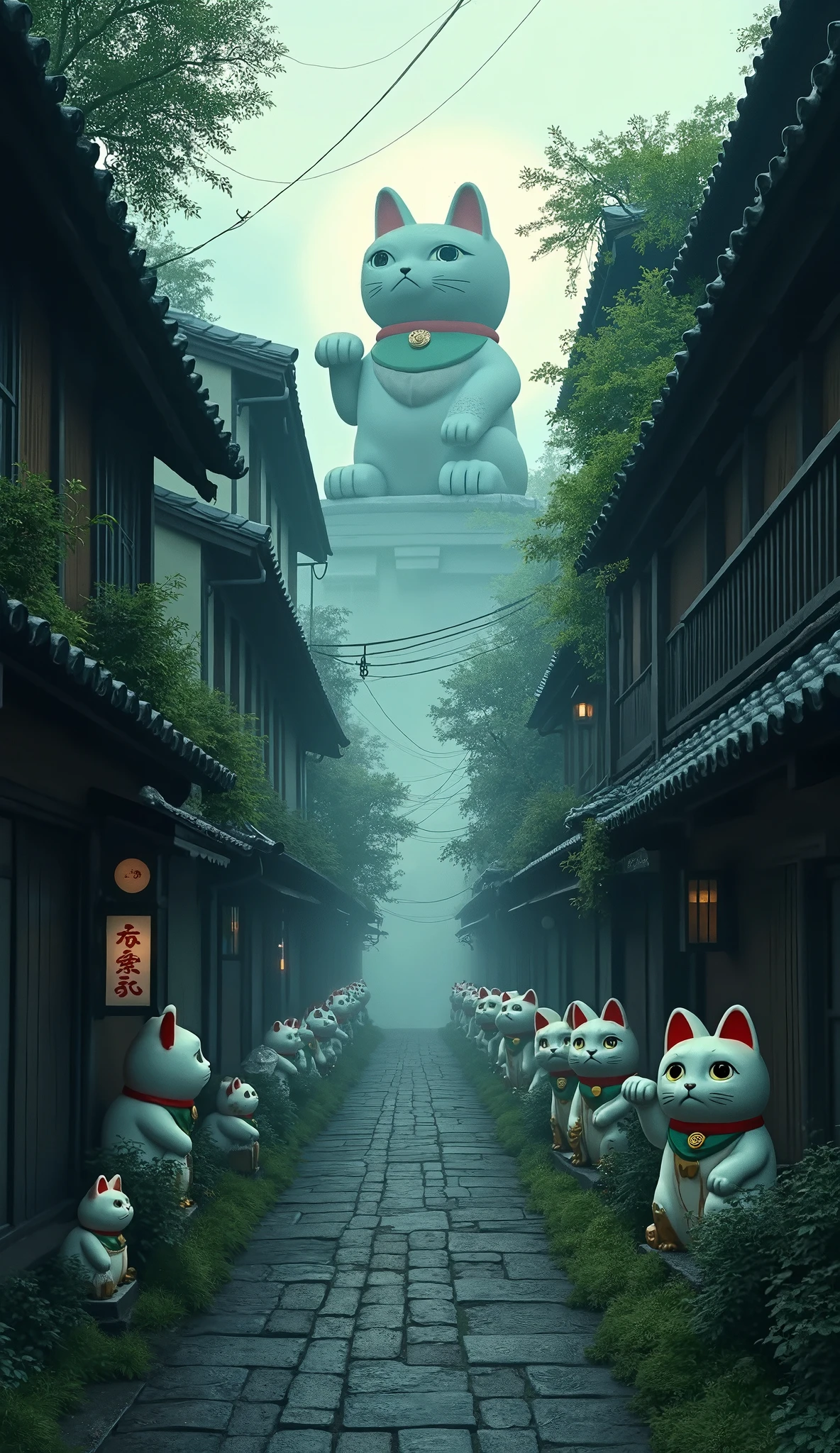 (masterpiece:1.2,Exceptional Quality,Mirror-like, A movie-like experience , Best Illustration,Super detailed),8k,wallpaper,(Mysterious Alley:2.0),(Kyoto-style cityscape :2.0),(Countless maneki-neko statues are lined up next to the back alley :2.0),(fog:2.0),(moss:2.0),( studio Ghibli :2.0),( Anime Artwork:2.0),( dynamic:2.0),(From below:2.0),( The alley continues to a huge maneki-neko statue that can be seen quietly:2.0),( vector art :2.0)