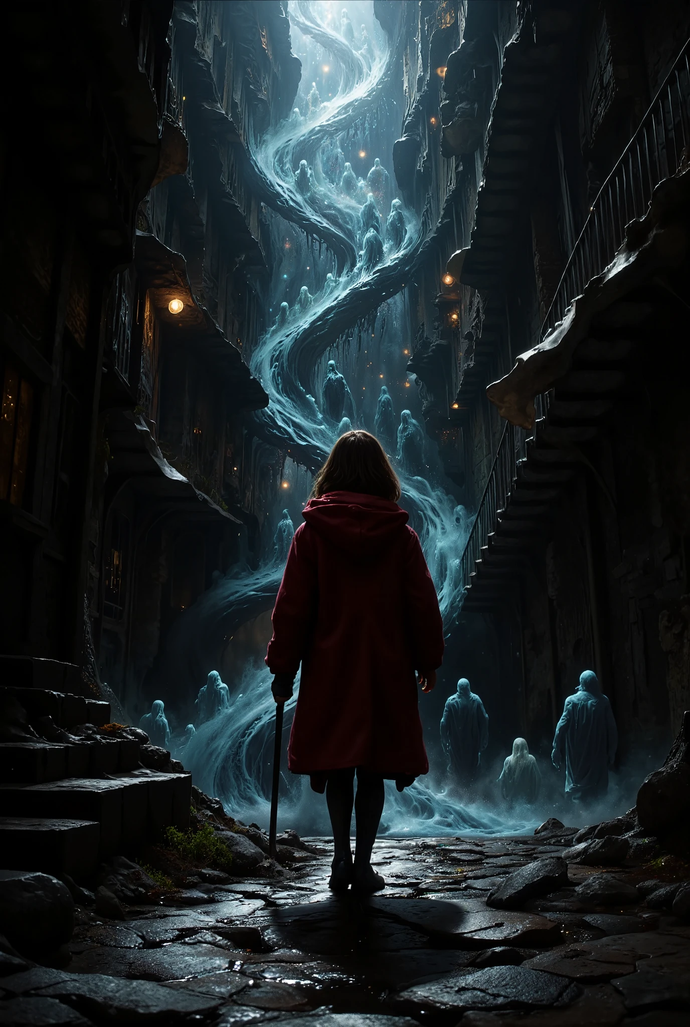 A mysterious, eerie alleyway resembling Diagon Alley from Harry Potter, with a cluttered, claustrophobic feel. The narrow passageway is filled with mist-like, spectral figures, human shapes drifting through the air as though they are echoes of people rather than living beings. Each figure is colorless and translucent, exuding an unsettling lifelessness as they wander aimlessly through the scene. The location is at the top of a descending slope, adding depth to the scene. Below, at the base of the slope, even more of these spectral figures gather, shrouded in mist, creating a hauntingly dense atmosphere.

At the forefront, a young girl stands out as the sole vibrant element in the scene. She wears a thick, knee-length merino wool coat in a deep, striking red, with a hood that casts a slight shadow over her head. Her bright red coat contrasts vividly against the monochromatic background, reminiscent of the iconic girl from Schindler's List. With her back turned to the camera, she faces the eerie, fog-filled path ahead. Her shoulders are tense, showing fear, but she steps forward bravely, inching down the slope. The cramped buildings around her are detailed with intricate textures, worn brick, and narrow alleys, each one adding to the crowded, overwhelming feeling of the scene.

Rendered in ultra-realistic, cinematic detail with a 16K resolution, every element is perfectly focused and meticulously detailed, from the dense mist of the spectral figures to the fine texture of the girl’s wool coat and the cluttered architecture that lines the mysterious path.