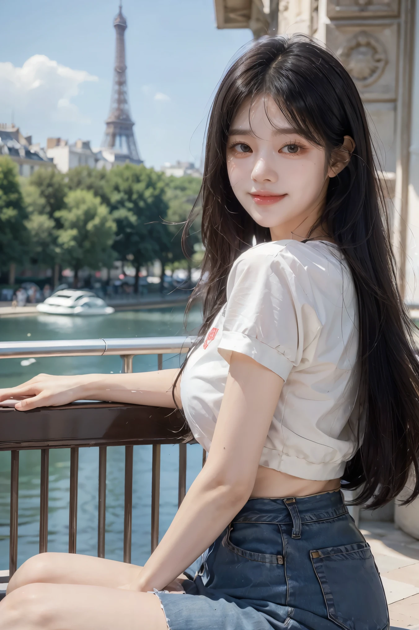 1 girl,(black hair semi-long)(beautiful hair), actress, smile, shiny skin, best quality, masterpiece, (photorealistic:1.4), terrace seating, Europe, France, Paris, denim mini skirt (realistic fabric), white short sleeves (cotton fabric), (no logo), thin fingers