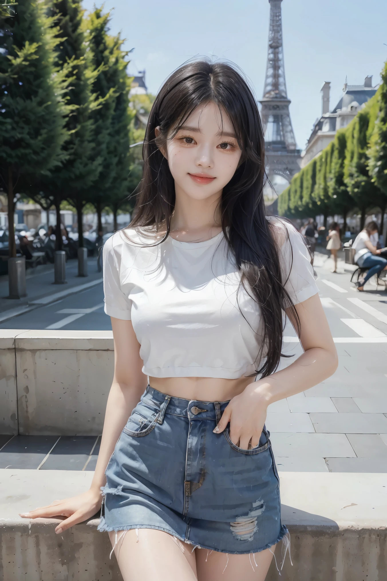 1 girl,(black hair semi-long)(beautiful hair), actress, smile, shiny skin, best quality, masterpiece, (photorealistic:1.4), terrace seating, Europe, France, Paris, denim mini skirt (realistic fabric), white short sleeves (cotton fabric), (no logo), thin fingers