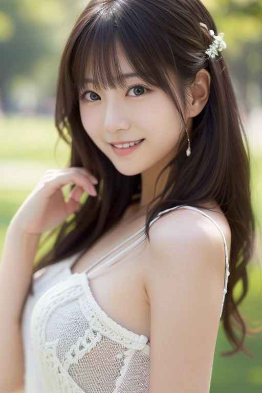 Photo-realistic quality、 doing a portrait in the park、Elegant Japanese woman, Cute Japanese Actress, Japanese model wearing a black top 、 looking at the camera、Detailed and beautiful eyes、Cute smile、A soft and gentle look