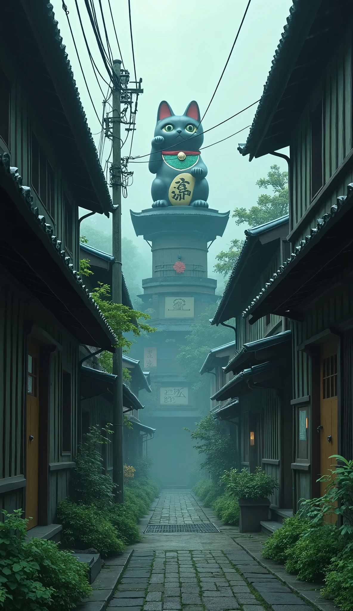 (masterpiece:1.2,Exceptional Quality,Mirror-like, A movie-like experience , Best Illustration,Super detailed),8k,wallpaper,(Mysterious Alley:2.0),(Kyoto-style cityscape :2.0),(Countless maneki-neko statues are lined up next to the back alley :2.0),(fog:2.0),(moss:2.0),( studio Ghibli :2.0),( Anime Artwork:2.0),( dynamic:2.0),(From below:2.0),( The alley continues to a huge maneki-neko statue that can be seen quietly:2.0),( vector art :2.0)