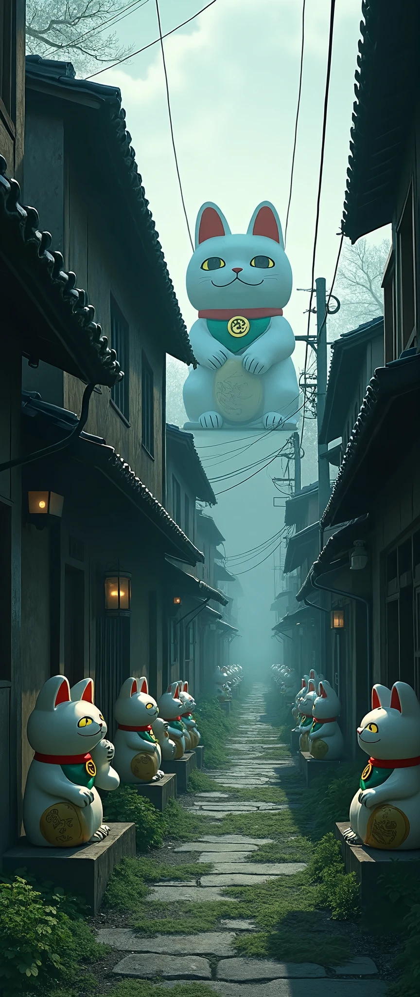 (masterpiece:1.2,Exceptional Quality,Mirror-like, A movie-like experience , Best Illustration,Super detailed),8k,wallpaper,(Mysterious Alley:2.0),(Kyoto-style cityscape :2.0),(Countless maneki-neko statues are lined up next to the back alley :2.0),(fog:2.0),(moss:2.0),( studio Ghibli :2.0),( Anime Artwork:2.0),( dynamic:2.0),(From below:2.0),( The alley continues to a huge maneki-neko statue that can be seen quietly:2.0),( vector art :2.0)