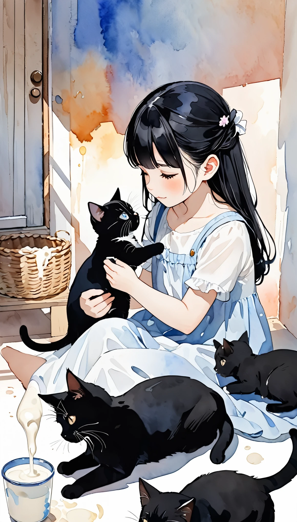 20 years old, Black Hair Beauty, Cute cats and kittens, Mother cat feeding her kittens with milk,  watercolor style , Gentle colors, Delicate Dynamic Textures ,   Contrast of Light and Shadow , 2.5D, Super detailed, The perfect solution, Best Quality