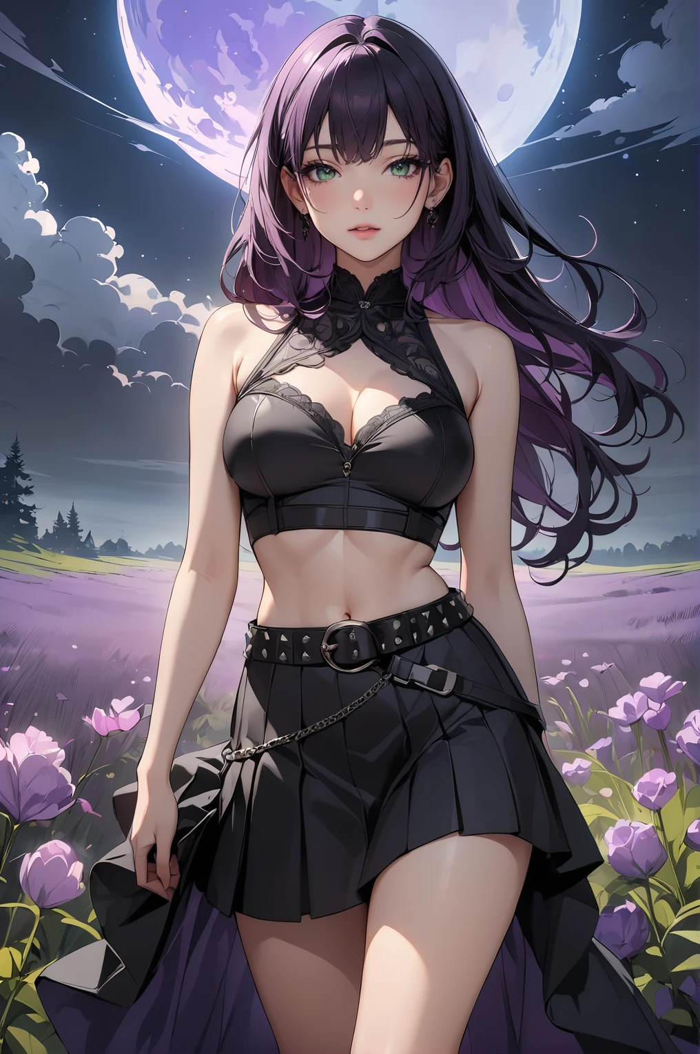 gorgeous lips, cinematic, (masterpiece), (best quality), (ultra-detailed), very aesthetic, illustration, perfect composition, intricate details, absurdres, detailed face, (anime, masterpiece, intricate:1.3), 
black long hair, green eyes, pale skin, black crop top off the shoulders, black skirt with studded belt, black boots, dark sky, mist fog, ambient moonlight, purple meadow field, high quality resolution diffinition master piece