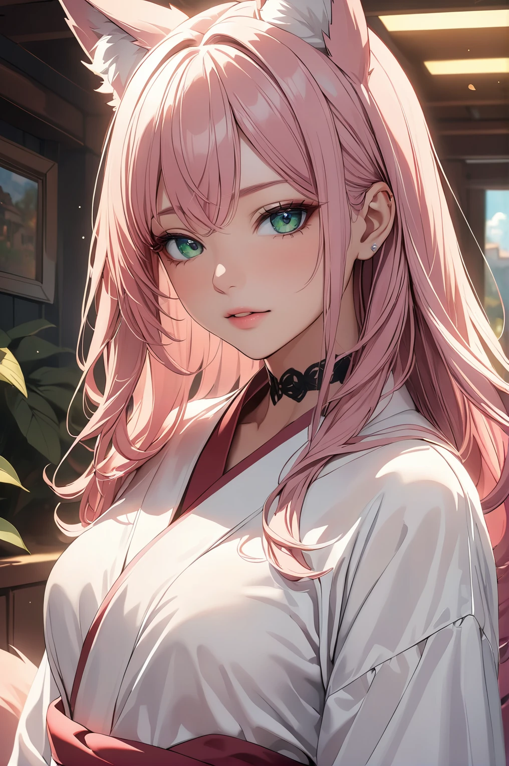 1woman, solo, long hair, pink hair, black choker, green eyes, eyeliner, gorgeous lips, cinematic, (masterpiece), (best quality), (ultra-detailed), very aesthetic, illustration, perfect composition, intricate details, absurdres, detailed face, (anime, masterpiece, intricate:1.3), (best quality, hires textures, high detail:1.2), (4k),(incredibly detailed:1.4) detailed skin, eyeshadow, fox tail, fox ears, no bra, pale skin, white kimono, beautiful eyes, detailed eyes, sparkling eye, full body
