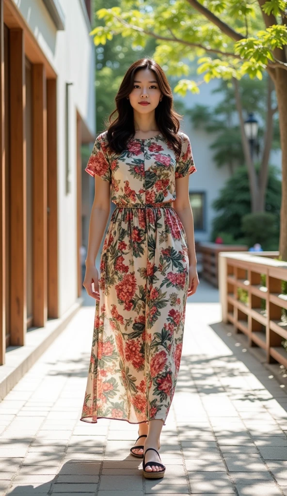 Korean version of European art girl printed dress,loose casual long T-skirt,short-sleeved dress,In the Park(emphasis on the body Line clothing:1.1)fat body beauty :1.4 with a suburban street in the background,a blend of modern and traditional architectural styles. There are leafy trees,wooden railings and a white building with large windows and wood trim. The sidewalk is paved with light-colored rectangular paving stones. The overall atmosphere is bright and cheerful,which makes people feel that this is a good sunny day. This photo captures moments of casual elegance in a peaceful urban setting.,