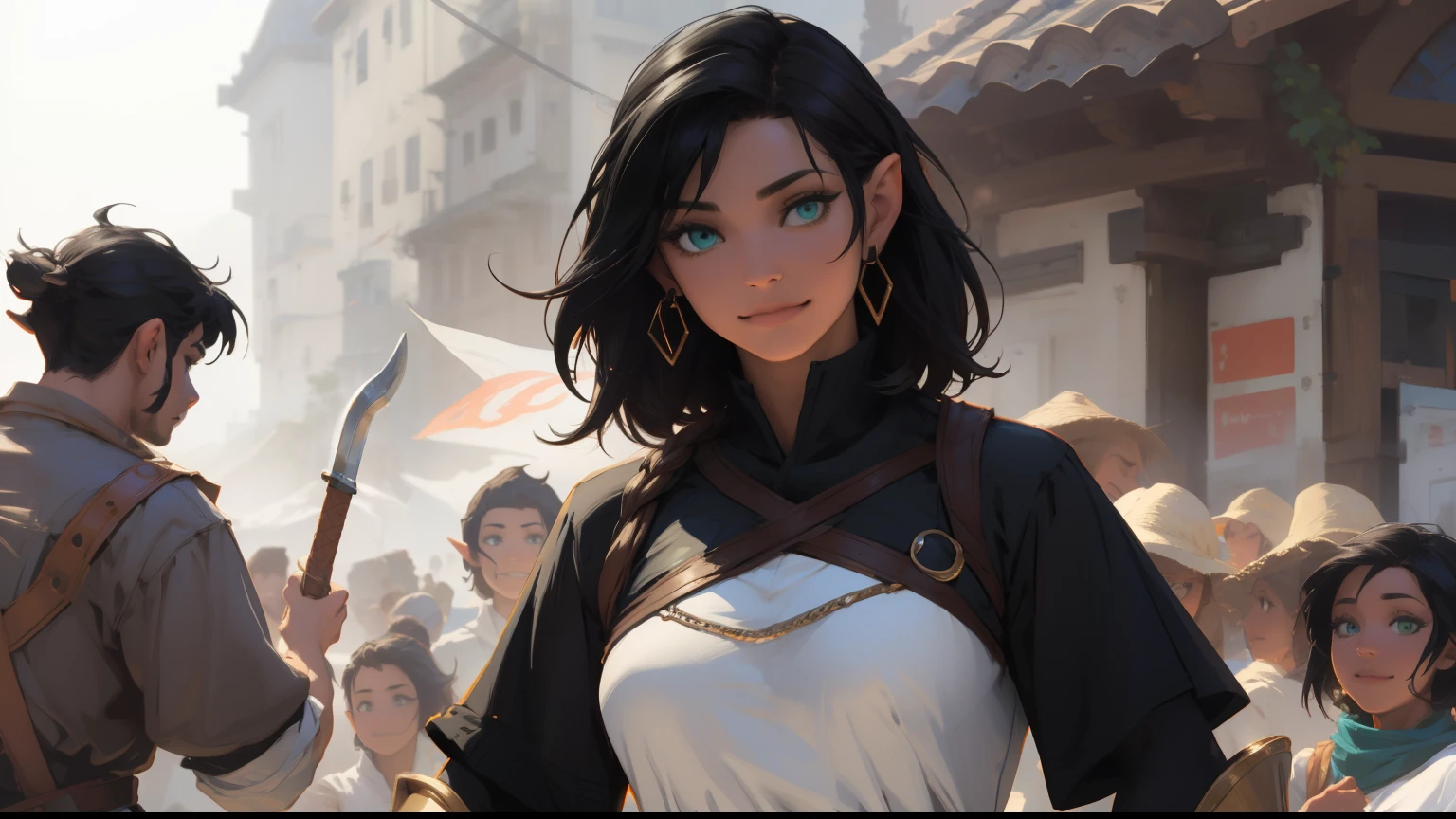 masterpiece , highres , fotorrealistic, real, Real photo, best quality, 8k, best quality, realistic, ultra-detailed , perfect lighting, cinematic lighthing, Warm Light, feminine, Alone, looking at the viewer , tiro largo, happy face, ultra detailed skin, black hair , medieval, outdoor, neckline, long sword, green eyes, magic,