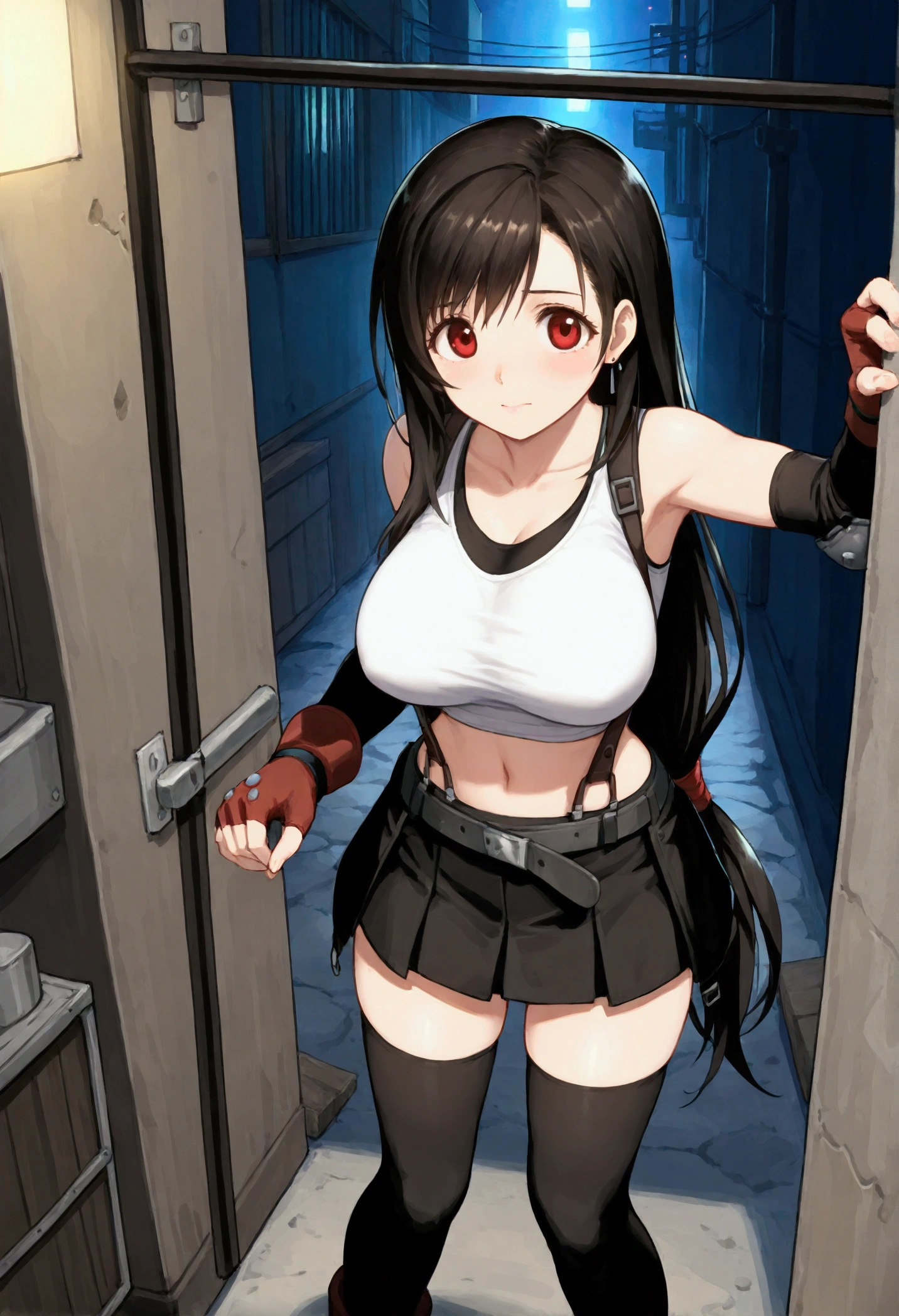 , (Masterpiece),(Best Quality),source anime,(ultra detailed),(Recent),,BREAK  1girl, Tifa Lockhart, Final Fantasy,(beautiful). Black Hair, Long hair tied low, Red eyes, bangs, White tank top, belt, Pleated Skirt , Thigh length, Elbow fingerless gloves, Elbow pads, (abdomen,navel:0.9)  suspender skirt.zettai ryouiki,,(large_chest:1.2), (tareme:1.2),,BREAK  ,standing,  (standing on viewer:1.3),dynamicangle,BREAK bar  (prostitution:1), in alley at night,dynamicpose,,{tifa_lockhart,FF7}