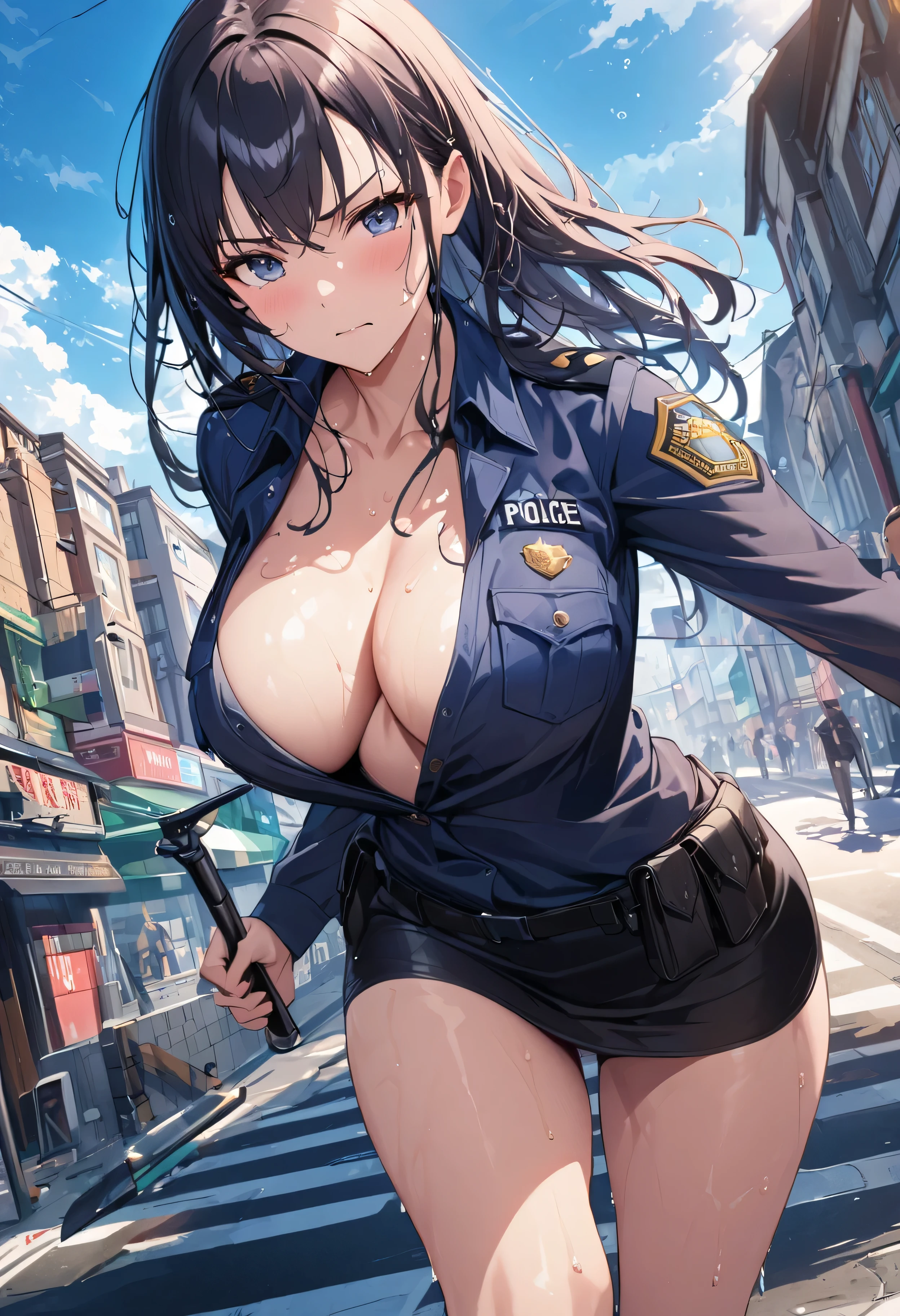 Beautiful girl 、Age 30、Best Quality、Ultra-precision、Detailed drawing、Sexy Police、 miniskirt、acrobatic leap、Baton in the right hand 、 police uniform、Open chest、Around town、blue sky、Sharpness、Close to the body、Beautiful big boobs、 wet hair 、Vivid colors、 serious look、Slender figure、Accurate depiction、 CG illustration、、 getting wet a lot due to sweat 、 