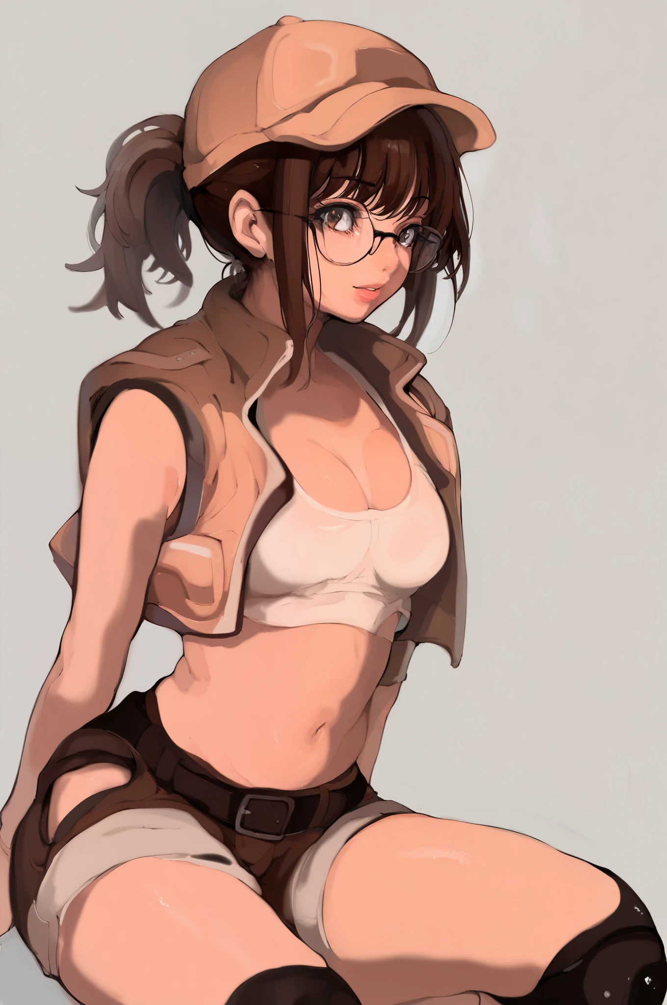 score_9, score_8_up, score_7_up, mamimi, 1girl, fio germi, brown hair, glasses, medium hair, ponytail, brown eyes, crop top, hat, jacket, knee pads, shorts, sleeveless, navel, belt,
