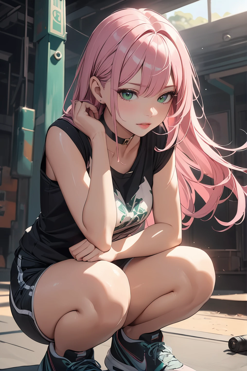 1woman, solo,  long hair, pink hair, black choker, green eyes,  eyeliner,  gorgeous lips, squats, T-shirt without sleeves, shorts
 y_d,
cinematic, (masterpiece), (best quality), (ultra-detailed), very aesthetic, illustration, perfect composition, intricate details, absurdres