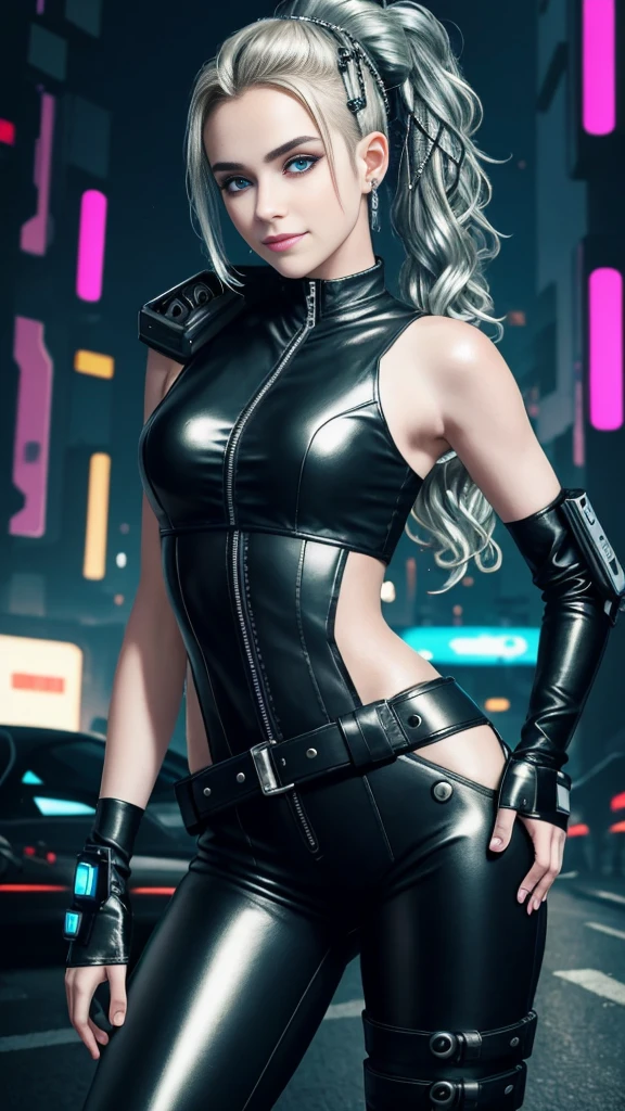 Lolita, smiling, 20 years old, ((best quality)), ((masterpiece)), (high definition:1.3), 3D, beautiful (cyberpunk:1.3), stylish woman looking at camera black leather clothes, sleeveless, embarrassed, waist skin invisible, blue-black leather pants, silver zipper,belt below the waist,super fine illustration,blond hair , showing forehead, silver center zipper, leather blue black bodysuit, sleevelesblue blacks, shiny, blonde ponytail