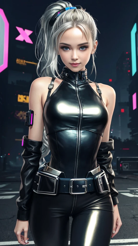 ****ta, smiling, 20 years old, ((best quality)), ((masterpiece)), (high definition:1.3), 3D, beautiful (cyberpunk:1.3), stylish woman looking at camera black leather clothes, sleeveless, embarrassed, waist skin invisible, blue-black leather pants, silver zipper,belt below the waist,super fine illustration,blond hair , showing forehead, silver center zipper, leather blue black bodysuit, sleevelesblue blacks, shiny, blonde ponytail