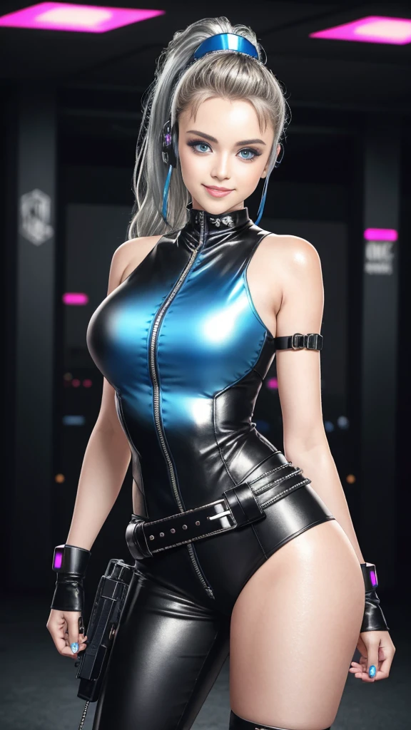 Lolita, smiling, 20 years old, ((best quality)), ((masterpiece)), (high definition:1.3), 3D, beautiful (cyberpunk:1.3), stylish woman looking at camera black leather clothes, sleeveless, embarrassed, waist skin invisible, blue-black leather pants, silver zipper,belt below the waist,super fine illustration,blond hair , showing forehead, silver center zipper, leather blue black bodysuit, sleevelesblue blacks, shiny, blonde ponytail