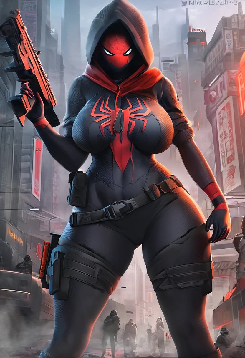 spiderman, spiderman,  a female poisoner with a huge ass , huge hips and breasts,  cultist wears orange-black cargo pants and fire-patterned boots., in the hood,  mask ,  fully covering the face ,  wears a spider-patterned jacket , In black trousers, hands in bandages,  tank with an army of cultists , +  rendering controls a , in a ruined city,+fog+anime,  enlightenment 、( high quality)、(((masterpiece)))、( High definition)、 original、( girl)、 sexy、thick、big body、(ginger), With pistols and rifles ,  Helgast ,  Wolfenstein ,  Unigine ,  I'm holding a blaster ,  imperial military , cyberpunk  imperial military , Has an MP7 , with a gun, rb6s),  dressed in black Sith uniform ., excellent detailing, rb6s, ,  high level of detail 
