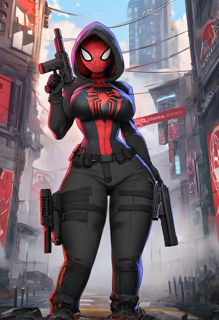 spiderman, spiderman,  a female poisoner with a huge ass , huge hips and breasts,  cultist wears orange-black cargo pants and fire-patterned boots., in the hood,  mask ,  fully covering the face ,  wears a spider-patterned jacket , In black trousers, hands in bandages,  tank with an army of cultists , +  rendering controls a , in a ruined city,+fog+anime,  enlightenment 、( high quality)、(((masterpiece)))、( High definition)、 original、( girl)、 sexy、thick、big body、(ginger), With pistols and rifles ,  Helgast ,  Wolfenstein ,  Unigine ,  I'm holding a blaster ,  imperial military , cyberpunk  imperial military , Has an MP7 , with a gun, rb6s),  dressed in black Sith uniform ., excellent detailing, rb6s, ,  high level of detail 
