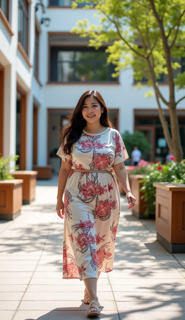 Korean version of European art girl printed dress,loose casual long T-skirt,short-sleeved dress,In the Park(emphasis on the body Line clothing:1.1)fat body beauty :1.4 with a suburban street in the background,a blend of modern and traditional architectural styles. There are leafy trees,wooden railings and a white building with large windows and wood trim. The sidewalk is paved with light-colored rectangular paving stones. The overall atmosphere is bright and cheerful,which makes people feel that this is a good sunny day. This photo captures moments of casual elegance in a peaceful urban setting.,