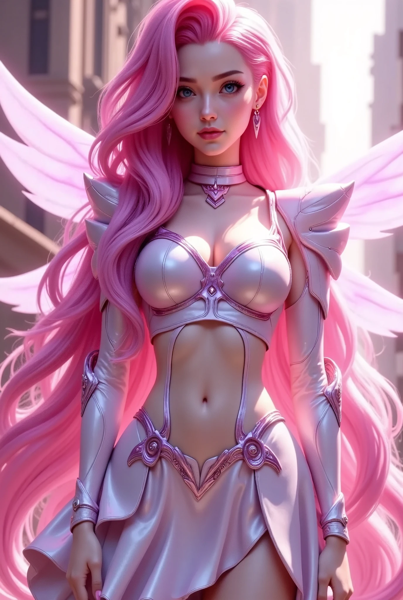 (((   beautiful woman，Long pink hair， blue eyes，)))，，Skin design   ，((Puff sleeve mecha +princess skirt ，Streamlined pink armor ,  shiny pink armor))，   perfect figure   ， Game Light Effects , Soft Light, ， invisible wings，Pink Dream，petal