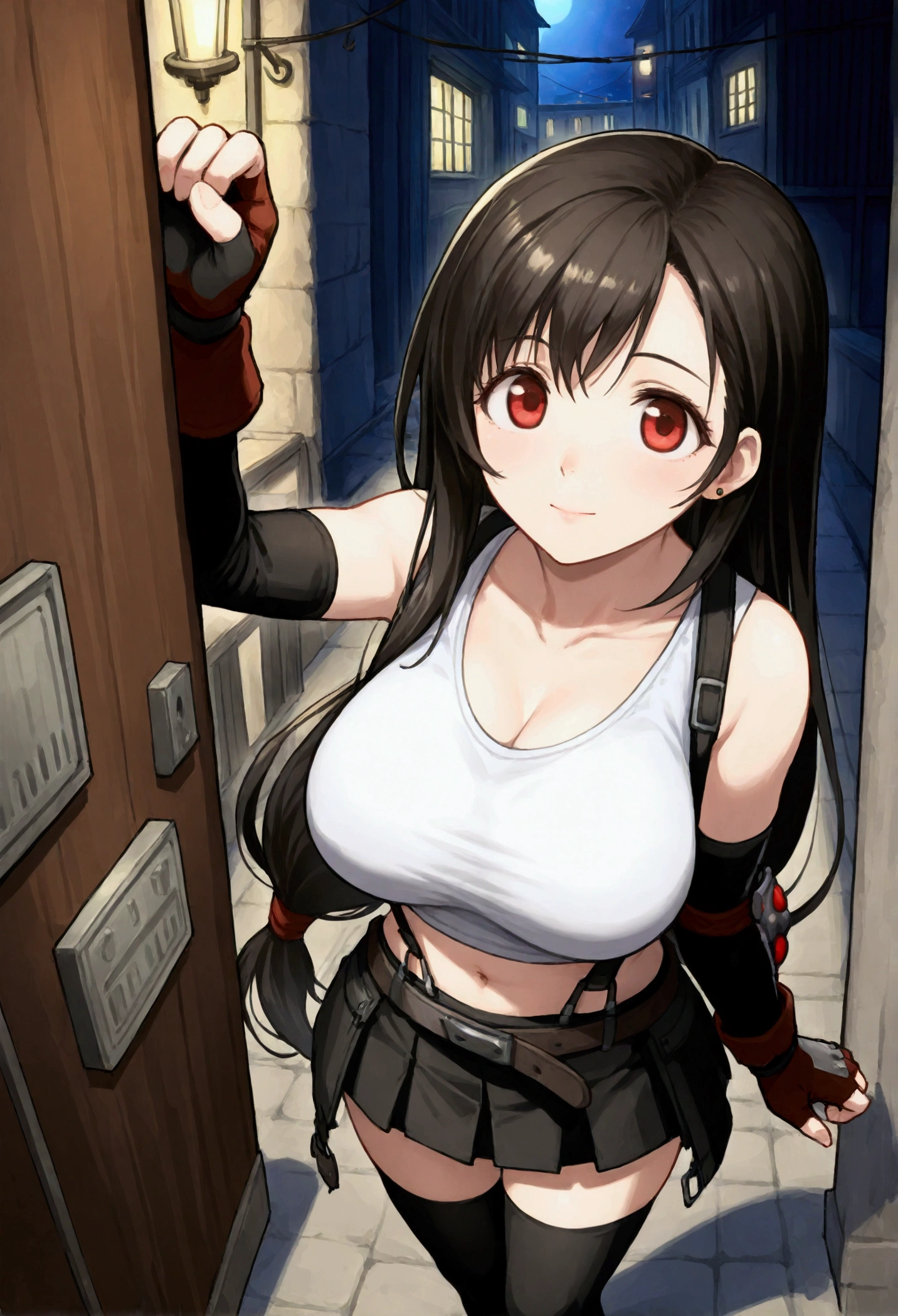 , (Masterpiece),(Best Quality),source anime,(ultra detailed),(Recent),,BREAK  1girl, Tifa Lockhart, Final Fantasy,(beautiful). Black Hair, Long hair tied low, Red eyes, bangs, White tank top, belt, Pleated Skirt , Thigh length, Elbow fingerless gloves, Elbow pads, (abdomen,navel:0.9)  suspender skirt.zettai ryouiki,,(large_chest:1.2), (tareme:1.2),,BREAK  ,standing,  (standing on viewer:1.3),dynamicangle, (prostitution:1), in alley at night,dynamicpose,,{tifa_lockhart,FF7}