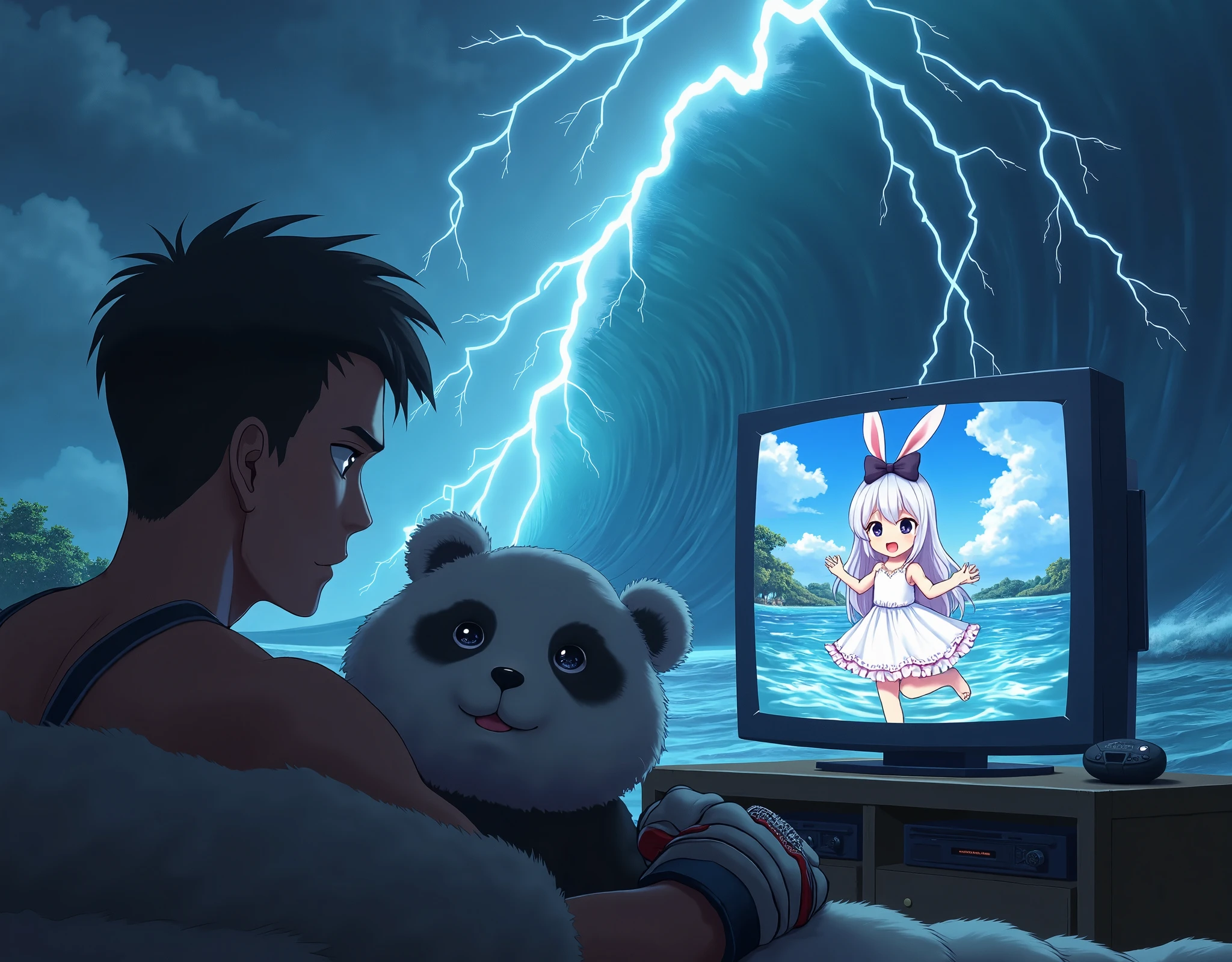 in the super intense thunder and super huge tsunami all around, angry and rage and yelling realistic 1man\(age of 30,very short hair,black hair,Muay Thai costume\) and realistic 1giant-panda\(fluffy, giant,huge, scary\) are watching TV-show\(anime,1girl\(chibi,human,cute,kawaii,small ,age of 10,white hair,long hair,bangs,ear\(fluffy white bunny-ear\),red eye,big eye,beautiful shiny eye,skin color white,big black hairbow,white frilled dress:1.3,breast,smiling, playing happily\)\)