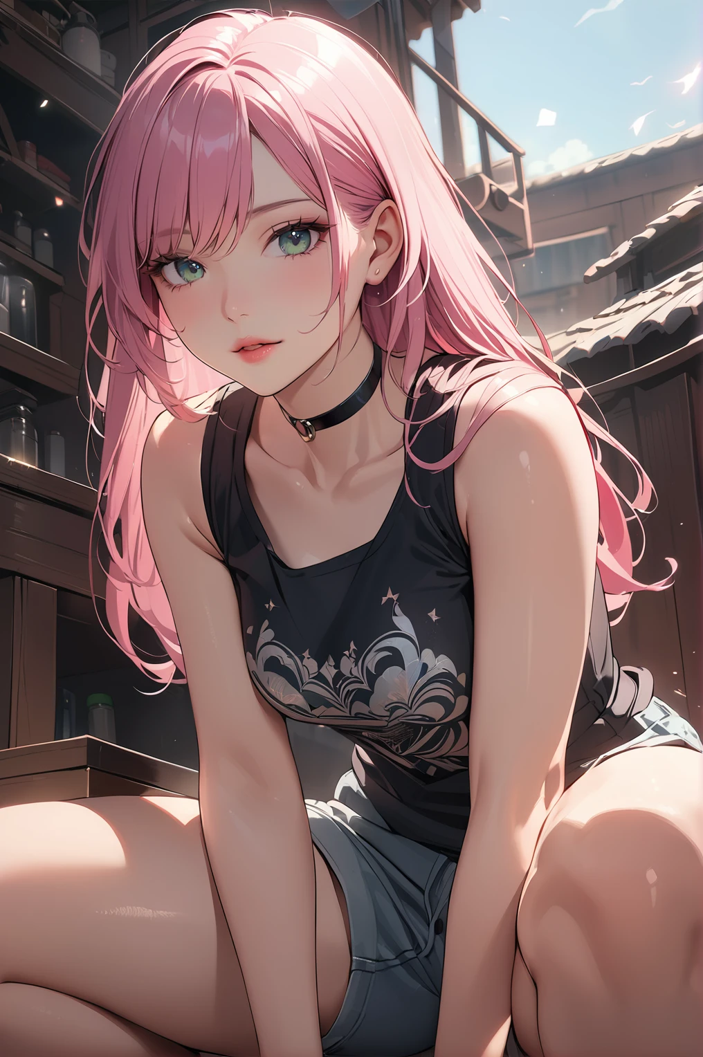 1woman, solo,  long hair, pink hair, black choker, green eyes,  eyeliner,  gorgeous lips, squats, T-shirt without sleeves, shorts
 y_d,
cinematic, (masterpiece), (best quality), (ultra-detailed), very aesthetic, illustration, perfect composition, intricate details, absurdres