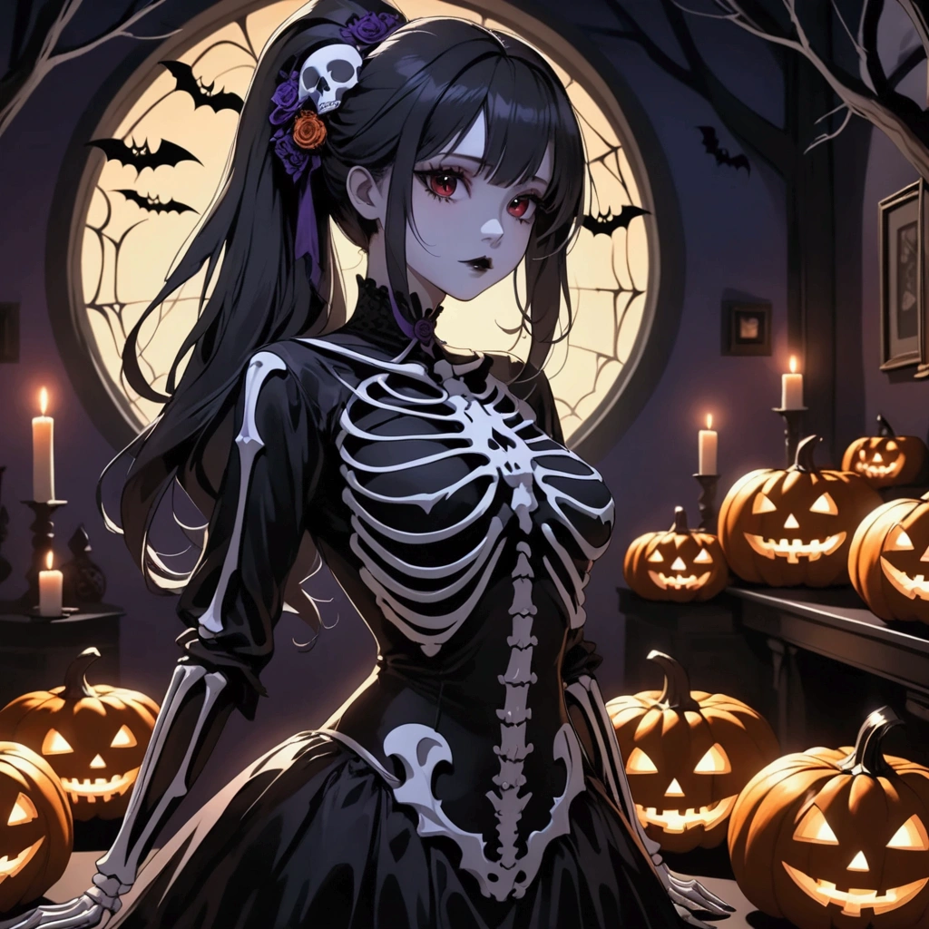 "An alluring anime girl with a curvy, big-figure stands in a dimly lit Halloween-themed room, decorated with eerie shadows and spooky decor like carved pumpkins, flickering candles, and cobwebs draped across the walls. She’s wearing a small, form-fitting skeleton costume that accentuates her figure, with sleek black fabric adorned with white skeleton details for a playful yet daring look.

Her long, jet-black hair is tied into a high ponytail that cascades down her back, and her dark red eyes have an intense, captivating glow. With a shy, slightly open-mouthed expression, she gazes off to the side, a faint blush across her cheeks adding a touch of charm to her confident pose. The soft, ambient lighting highlights every detail—from the shadows around her form to the glimmer in her eyes and the subtle textures in her costume.

The entire scene is rendered in intricate 4K HDR anime style, capturing the contrast of light and shadow that gives the room a haunting yet beautiful ambiance. The details of her hair, costume, and expression, along with the eerie Halloween setting, add depth to the mysterious, spooky vibe of the scene."