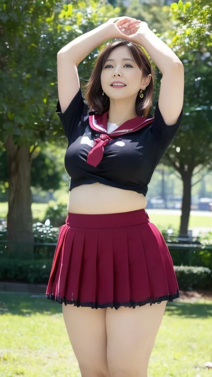  japanese mature,58 years old, white skin,(plump body, plump thighs:1.5),(rebellion,red_skirt, school uniform, black_Bra, underwear,Lingerie,midriff,red_sailor_collar, earrings, High Heels :1.2),( standing in the park, take a picture of the whole body from toe to head,full body,standing:1.2),looking at viewer,smile, surrealism, depth of field, from below, Sony FE, 8k, arms up