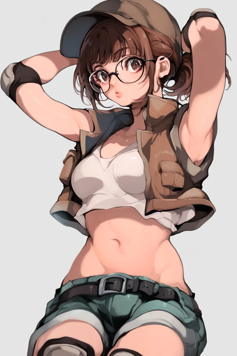 score_9, score_8_up, score_7_up, mamimi, 1girl, fio germi, brown hair, glasses, medium hair, ponytail, brown eyes, crop top, hat, jacket, knee pads, shorts, sleeveless, navel, belt,
