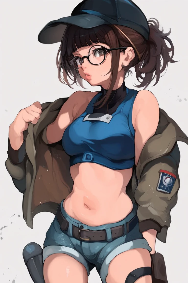 score_9, score_8_up, score_7_up, mamimi, 1girl, fio germi, brown hair, glasses, medium hair, ponytail, brown eyes, crop top, hat, jacket, knee pads, shorts, sleeveless, navel, belt,
