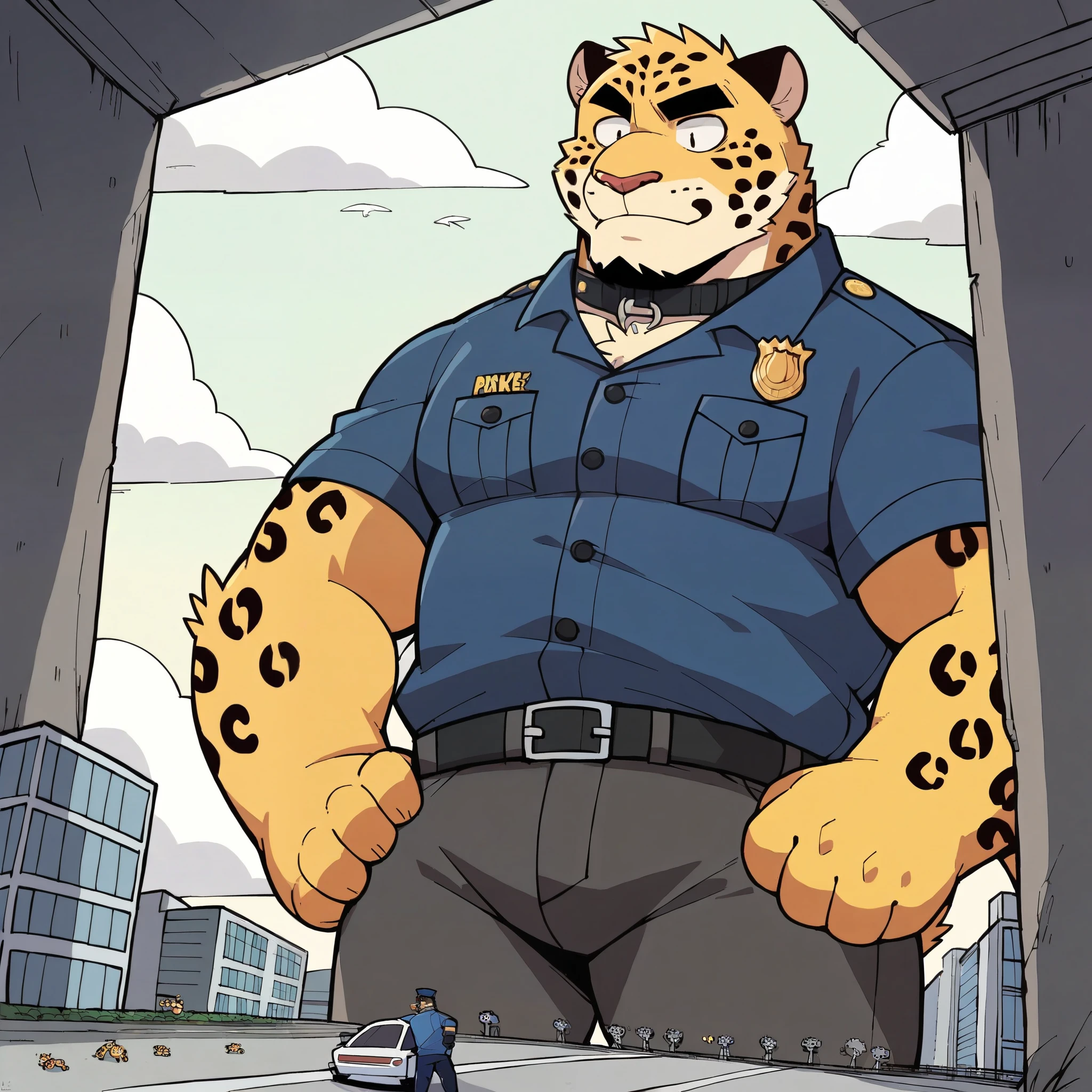 doodled jaguar face,Humanity (Jaguar),pummelig,( black eyebrows :1.1),(perfect eyes),golden fur,(artist:takemoto arashi),(collar:1.3),paw,( Black beard :1.3),(police uniform:1.3) Jaguar,(Massiv:3.0, ( heavyweight ,stark,Macro, Emphasize )), background(( Building , Raise little speech ,the little sparks, the crack in the road )), Low perspective shot