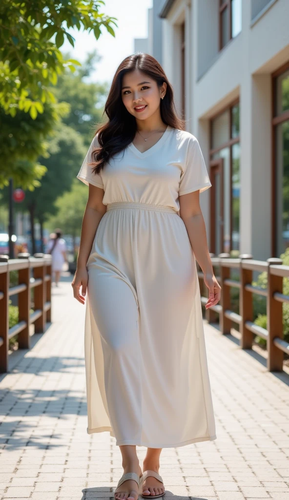 Korean version of European art girl printed dress,loose casual long T-skirt,short-sleeved dress,In the Park(emphasis on the body Line clothing:1.1)fat body beauty :1.1with a suburban street in the background,a blend of modern and traditional architectural styles. There are leafy trees,wooden railings and a white building with large windows and wood trim. The sidewalk is paved with light-colored rectangular paving stones. The overall atmosphere is bright and cheerful,which makes people feel that this is a good sunny day. This photo captures moments of casual elegance in a peaceful urban setting.,