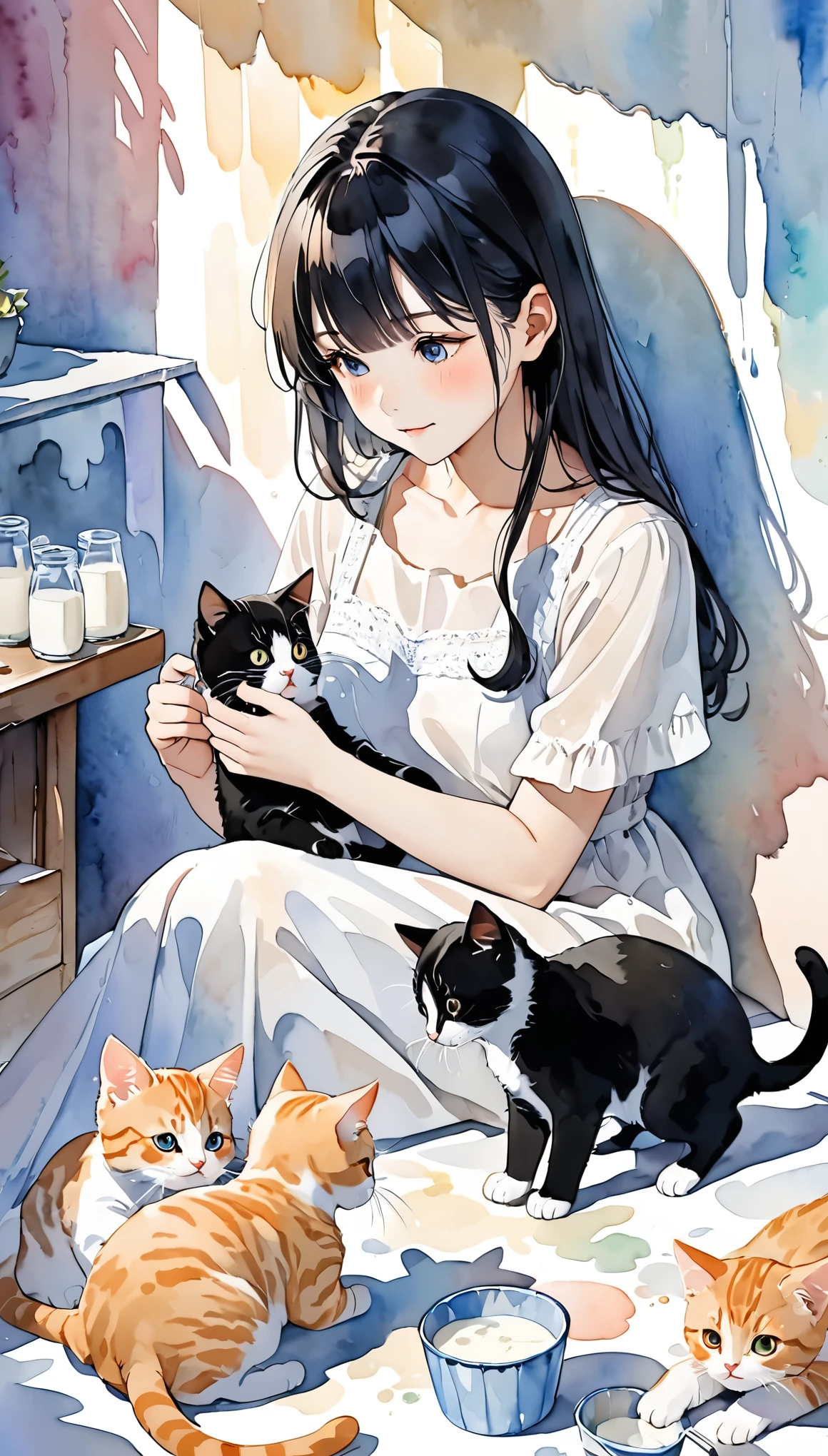 20 years old, Black Hair Beauty, Cute cats and kittens, Mother cat feeding her kittens with milk,  watercolor style , Gentle colors, Delicate Dynamic Textures ,   Contrast of Light and Shadow , 2.5D, Super detailed, The perfect solution, Best Quality