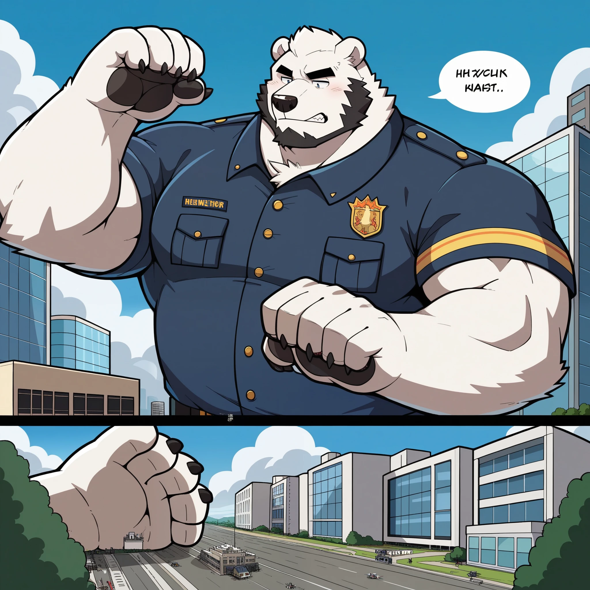 gekritzeltes polar bear Gesicht,Humanity (polar bear),pummelig,( black eyebrows :1.1),(perfect eyes),golden fur,police,(artist:takemoto arashi),(collar:1.3),paw,( Black beard :1.3),(policeuniform:1.3) polar bear,(Massiv:3.0, ( heavyweight ,stark,Macro, Emphasize )), background(( Building , Raise little speech ,the little sparks, the crack in the road ))