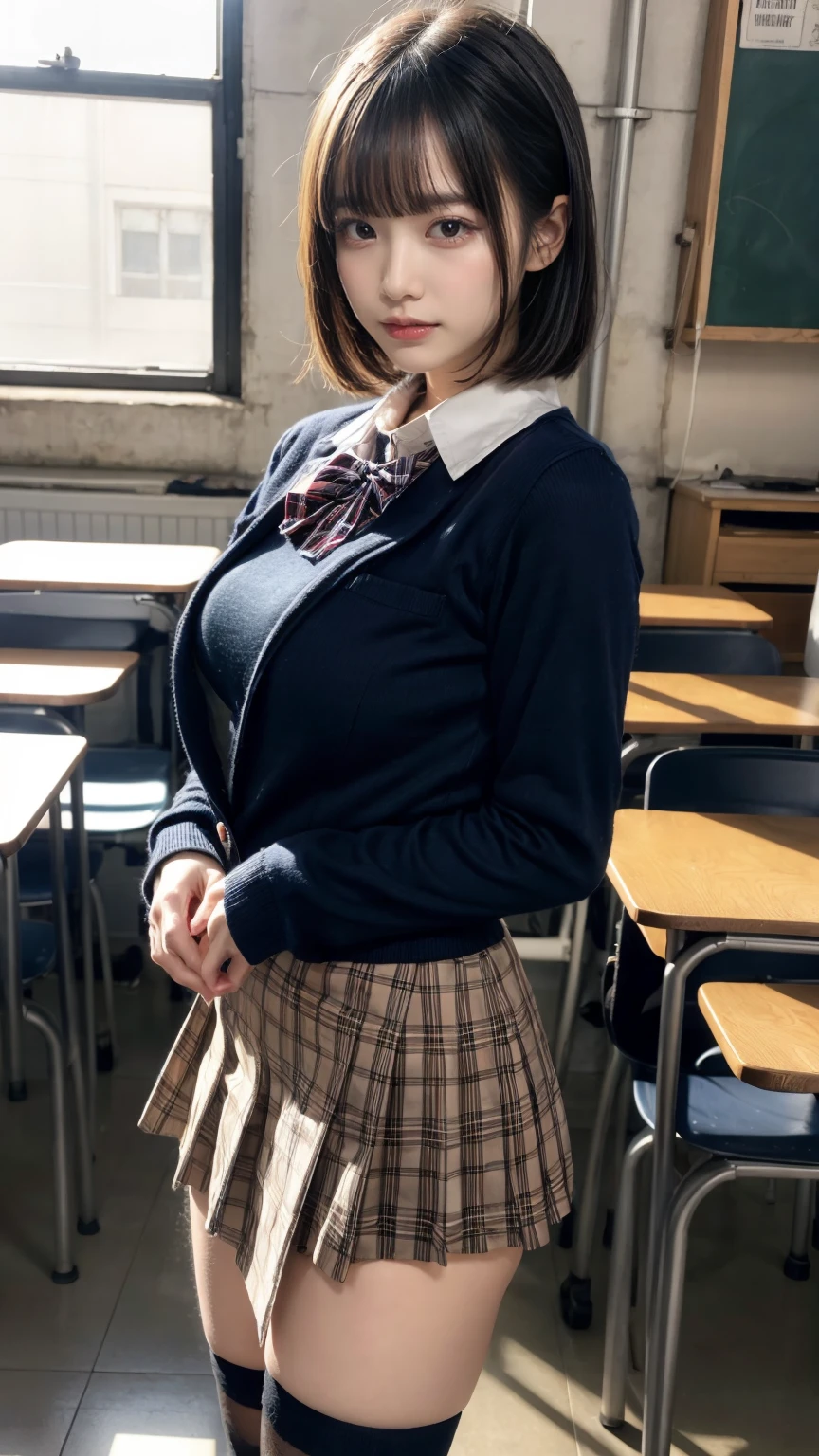 masterpiece, best quality, illustration, Super detailed, fine details, High resolution, 8K,wall paper, perfect dynamic composition,(Details High quality, realistic depiction of eyes:1.3),  High School Classroom、High school girl uniform、blazer 、Super Short Check Uniform Skirt、Navy blue high socks、garterbelts、Colossal tits、Disturbed uniform, short bob hair, black hair color, large breasts, Big Natural Color Lip, bold sexy pose, (perfect body shape), crying a little、Harajuku style、20 year old girl、cute type, beautiful legs, hposing Gravure Idol, Voluptuous thighs, (kneeling, sexy pose)