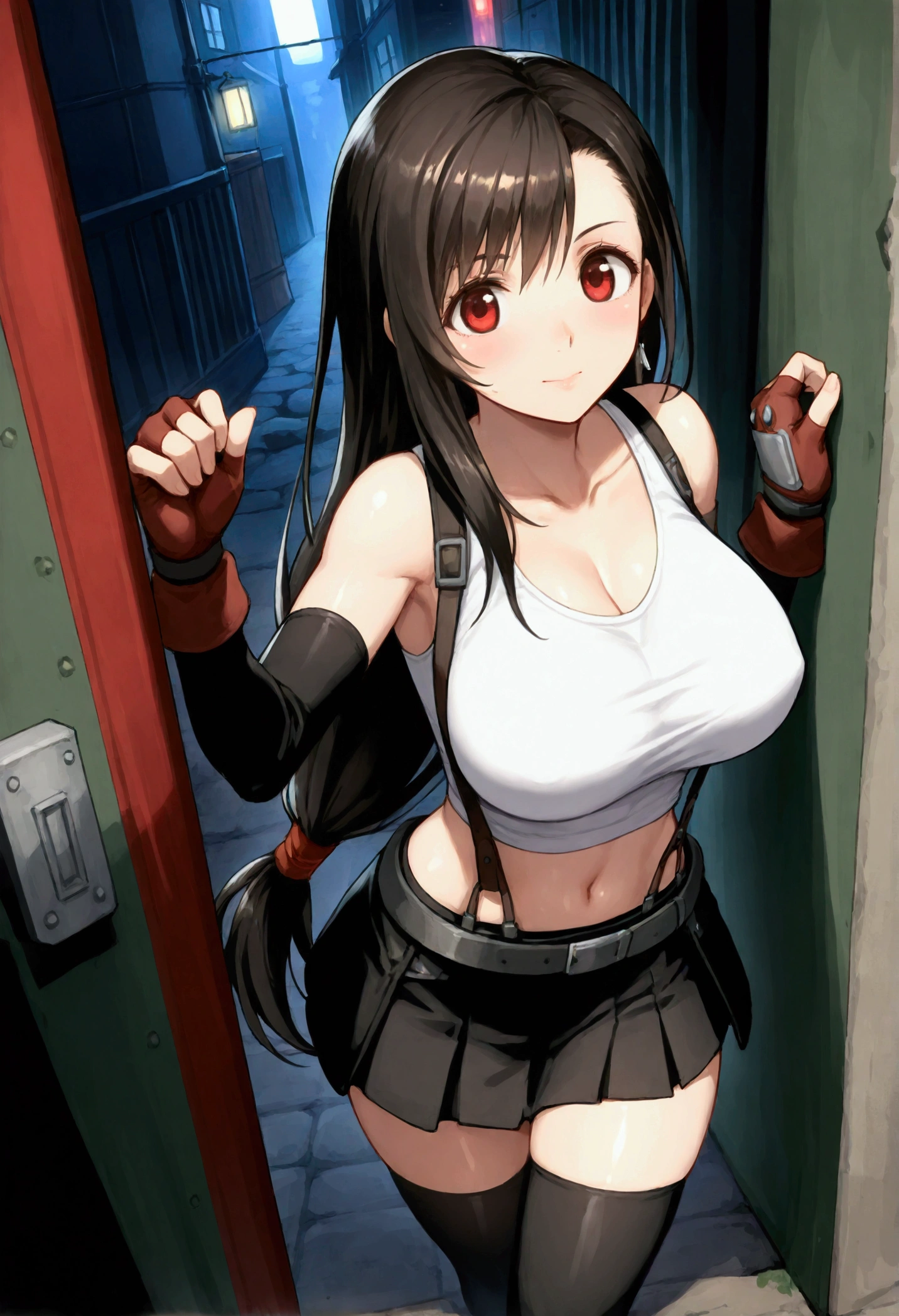 , (Masterpiece),(Best Quality),source anime,(ultra detailed),(Recent),,BREAK  1girl, Tifa Lockhart, Final Fantasy,(beautiful). Black Hair, Long hair tied low, Red eyes, bangs, White tank top, belt, Pleated Skirt , Thigh length, Elbow fingerless gloves, Elbow pads, (abdomen,navel:0.9)  suspender skirt.zettai ryouiki,,(large_chest:1.2), (tareme:1.2),,BREAK  ,standing,  (standing on viewer:1.3),dynamicangle, (prostitution:1), in alley at night,dynamicpose,,{tifa_lockhart,FF7}