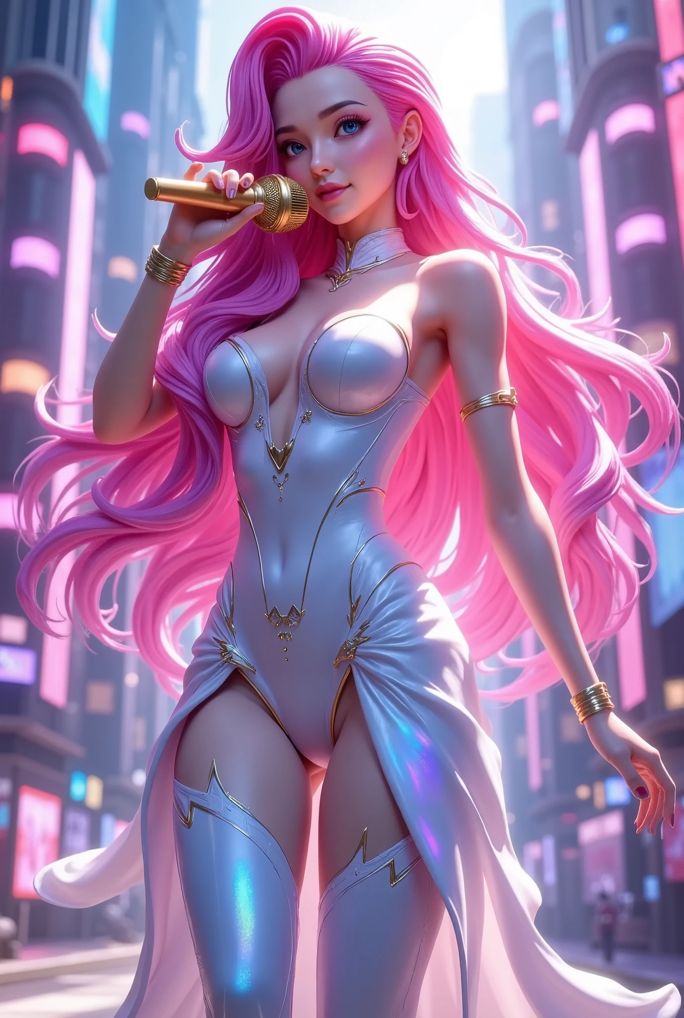 (((   anime character girl holding a golden microphone， Pink Haired ， blue eyes，Sexy，grace，角色Skin design ，Skin details，)))， Anime Game Character Design，Skin design   ，Mecha+cheongsam，   perfect figure   ，3d，Holography ,  Game Light Effects , Soft Light,  bright and dazzling 
，Super cool action 