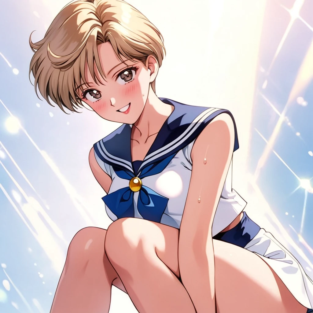 masterpiece, Best Quality, High resolution,16k,official art,super detailed skin,detailed,animated painting,(Sailor uranus),(Haruka Tenoh),1990s \(style\),(E-cup beautiful breasts)、 (tall:1.2),height: 175cm,Fashion model body type、clevage,Sexy long legs, pale blondy hair,very shortcut hair、boyish,brown eyes, sexyな長い脚, (sailor uranus costume:1.5),Sweating all over the body、Muscular、1girl,solo,smile,shy,blush,(vulgarity:1.2)、(Ahegao:1.3),Anime-style painting style,Close up on upper body,Cinematic lighting,Superfine,Seductively Posing,dynamic angle,extreme closeup shot,white background