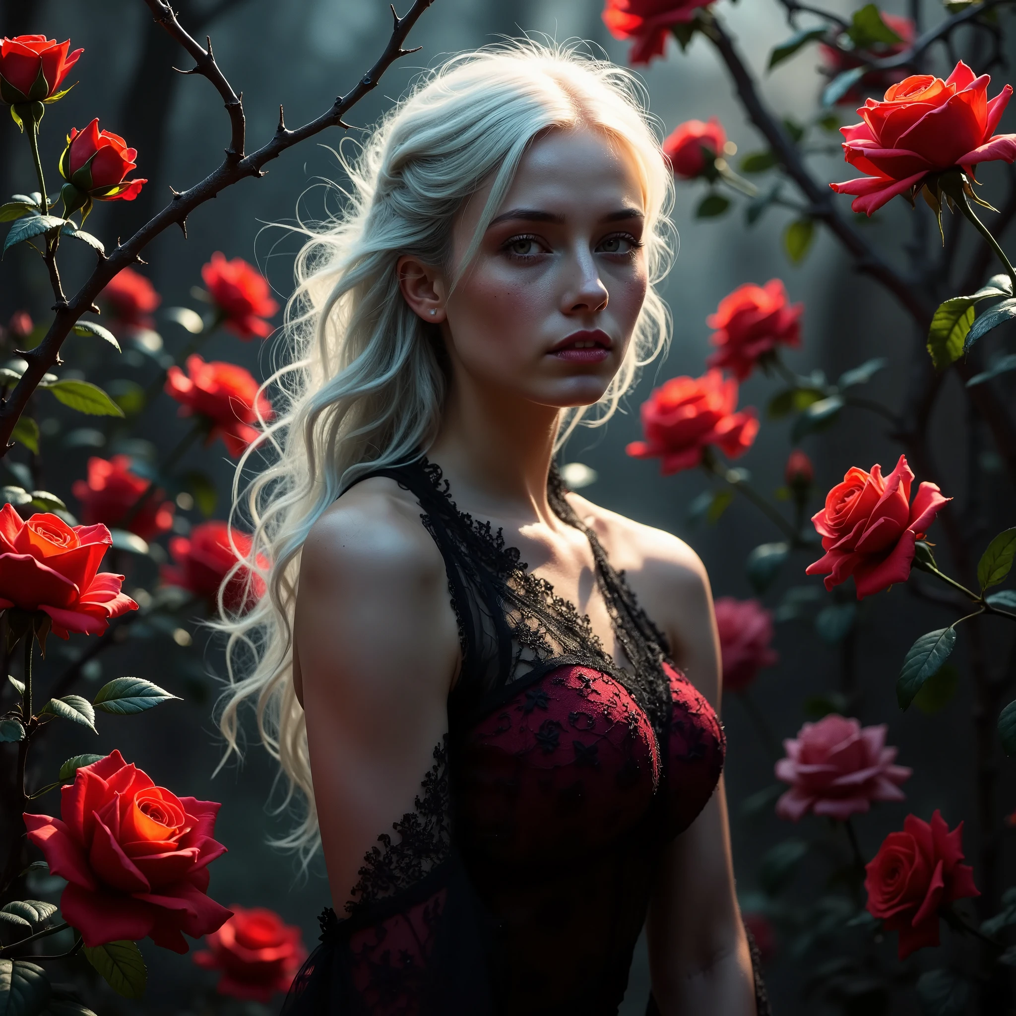 an ultra-detailed masterpiece in 16K resolution of the most fierce and beautiful full-body image of a vampire in a lush red rose garden. Her sharp, gleaming fangs are clearly visible, adding to her predatory allure and fierce elegance. The vampire has striking white hair that flows down her back, contrasting sharply with her flawless, pale skin that glows softly under the moonlight. Her piercing red eyes exude both danger and attraction. She wears an elegant, form-fitting gown of deep crimson and black lace that accentuates her powerful yet graceful posture. The intricate design of the dress is highlighted by fine embroidery that glimmers in the soft light.

The garden is filled with vibrant red roses, their petals velvety and saturated, creating a dramatic and romantic backdrop. Thorns and dark green leaves twist around her, adding to the fierce atmosphere. The composition is enhanced by the interplay of light and shadow, emphasizing her commanding presence. The moonlight casts a silvery glow over the scene, adding depth and mystery, while a slight breeze lifts her hair and the edges of her gown. Every detail, from the subtle veins on her skin to the dew on the roses, is rendered with breathtaking precision, capturing the essence of elegance and menace in this high-definition, ultra-quality image.