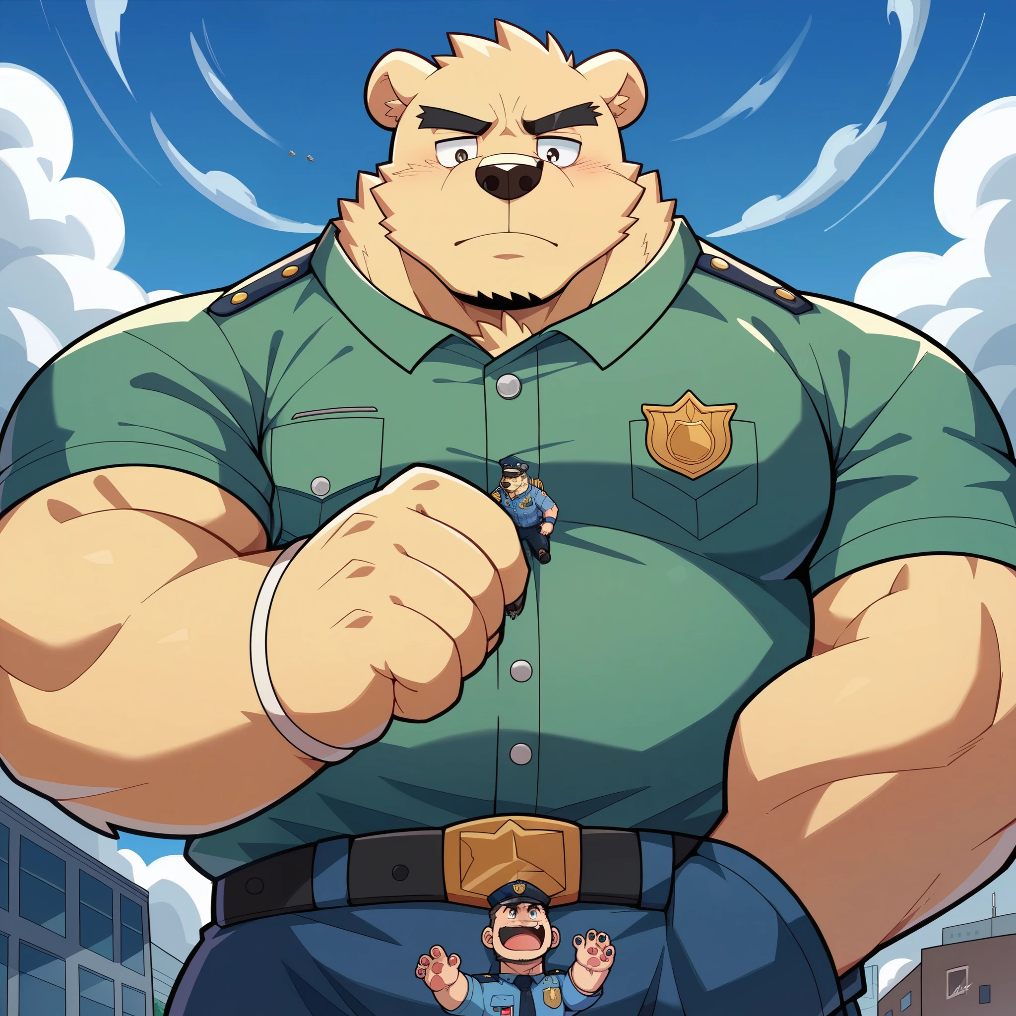 gekritzeltes polar bear Gesicht,Humanity  (polar bear),pummelig,(  black eyebrows  :1.1),(perfect eyes),golden fur，police,（artist:takemoto arashi),（collar:1.3），paw，（ Black beard :1.3），（policeuniform:1.3) polar bear,(Massiv:3.0,  big muscle :1.1(  heavyweight ,stark,Macro, Emphasize )), background(( Building , Raise little speech  ,the little sparks,  the crack in the road )), Low perspective shot 