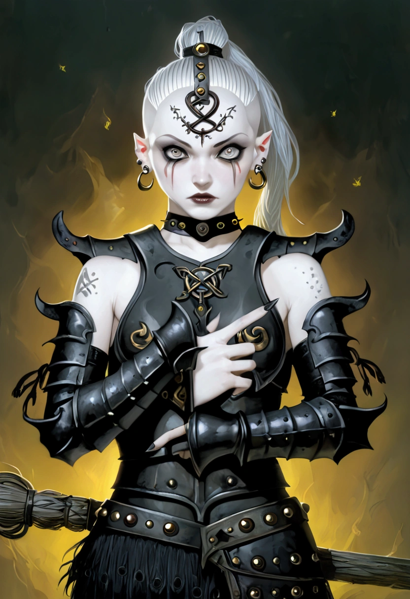 1 young and beautiful White gith girl, mystical medieval witch, pale skin, celtic tattoos, ((shaved hair + fringe + ponytail)), cruel expression , ((goth heavy armor)), goth ambiance, medieval cheast, perky breasts, ((piercings)), insane