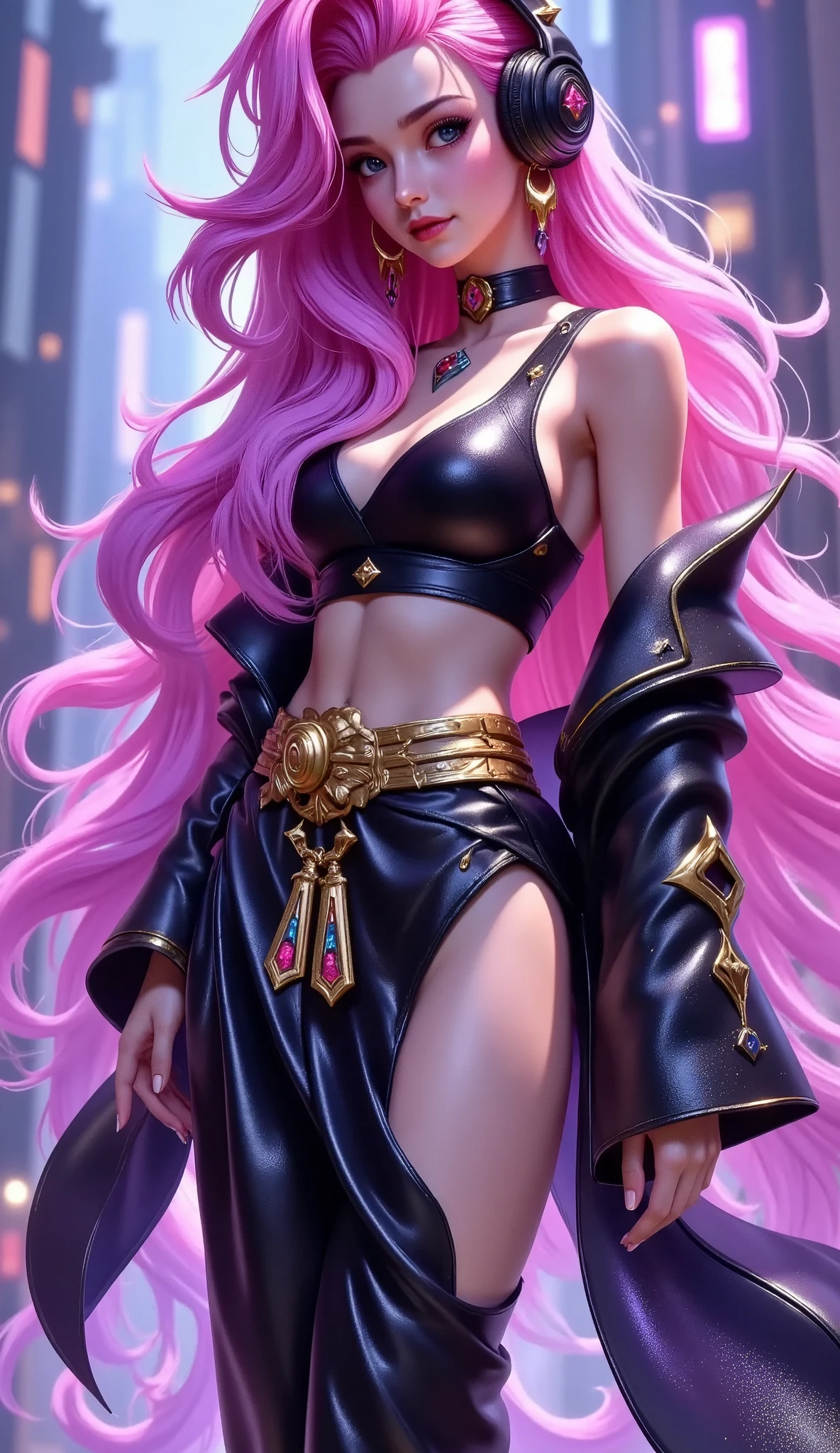   dark gothic art：  Seraphanie in League of Legends  ,     Pink Haired   ,  game skin design ，Japanese kimono with a high slit，sleeveless，Holography ,  Game Light Effects , Soft Light,  bright and dazzling , Fine gloss,     cyberpunk, Full body photo,cool