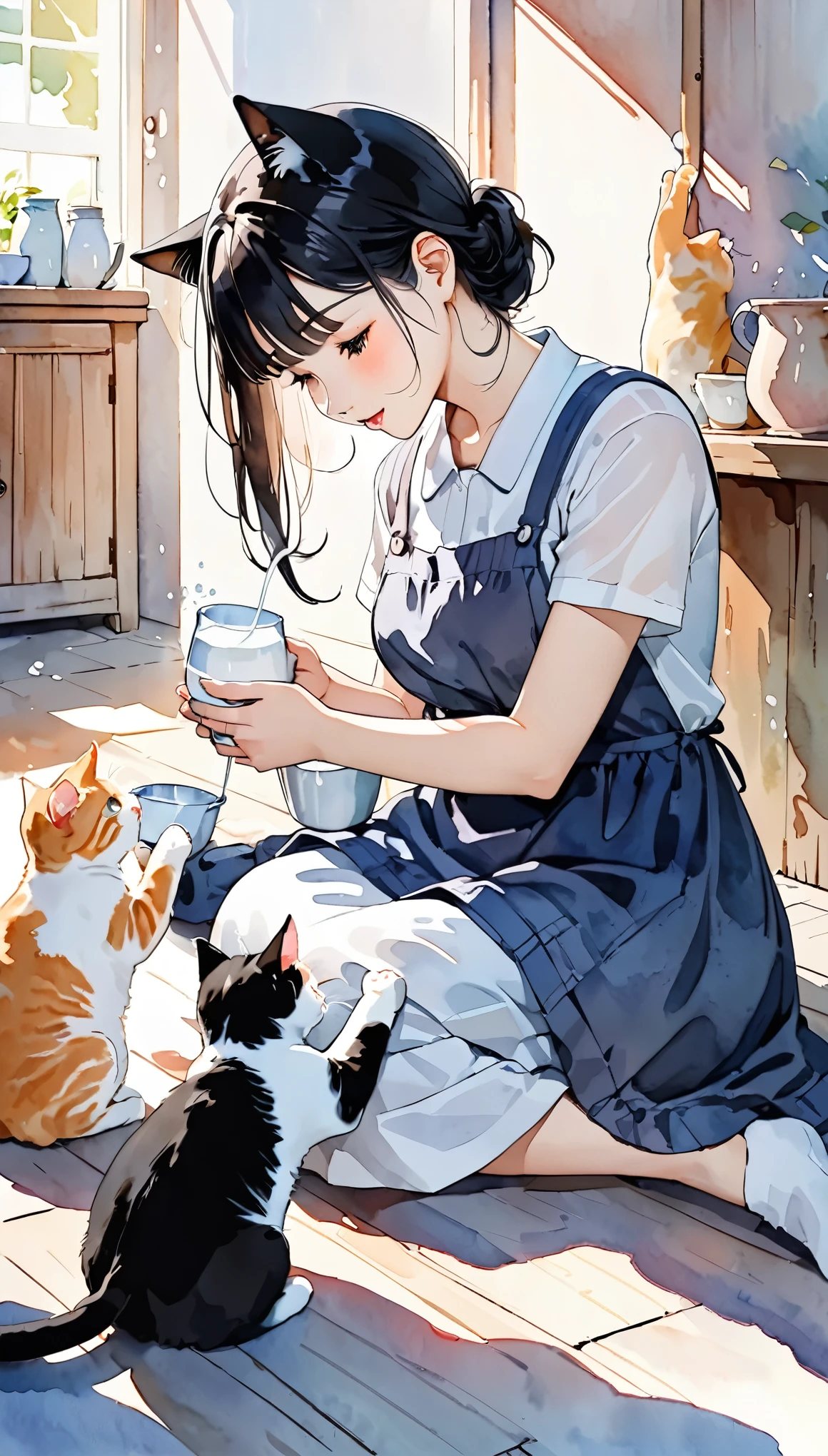 20 years old, Black Hair Beauty, Cute cats and kittens, Mother cat feeding her kittens with milk, watercolor style , Gentle colors, Delicate Dynamic Textures , Contrast of Light and Shadow , 2.5D, Super detailed, The perfect solution, Best Quality