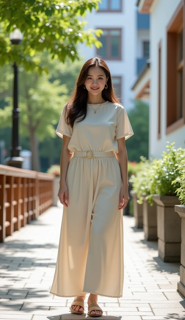 Korean version of European art girl printed dress,loose casual long T-skirt,short-sleeved dress,In the Park(emphasis on the body Line clothing:1.1)fat body beauty :1.1with a suburban street in the background,a blend of modern and traditional architectural styles. There are leafy trees,wooden railings and a white building with large windows and wood trim. The sidewalk is paved with light-colored rectangular paving stones. The overall atmosphere is bright and cheerful,which makes people feel that this is a good sunny day. This photo captures moments of casual elegance in a peaceful urban setting.,