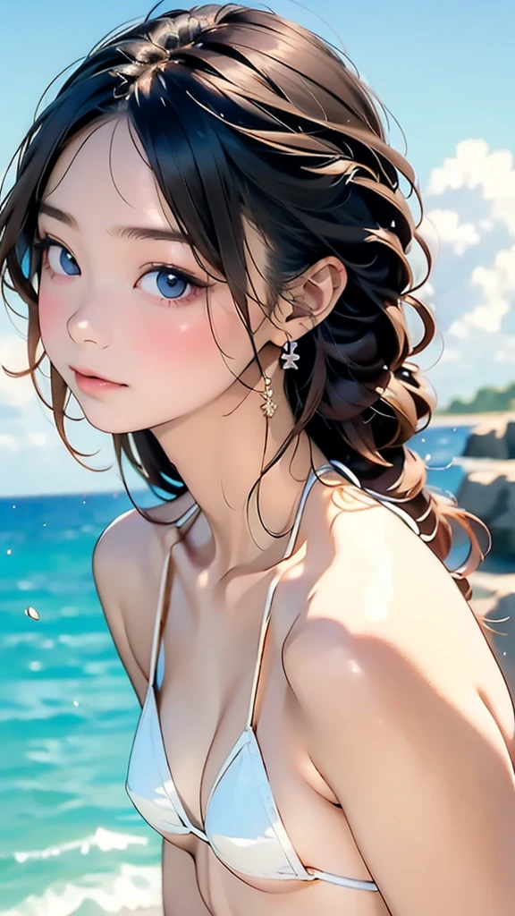 (12years old:1.4),(Very Young Face), (japan Person famous idol), 1girl, 1girl, (Extremely small white micro bikini style:1.4), Stroll along the seaside, sunshine, (masterpiece:1.0),(best_quality:1.0), ultra high res,4K,ultra-detailed, photography, 8K, HDR, highres, (perfect anatomy:1.2),(Beauty of form:1.4) Golden ratio, big eye,(nature's providence:1.4),