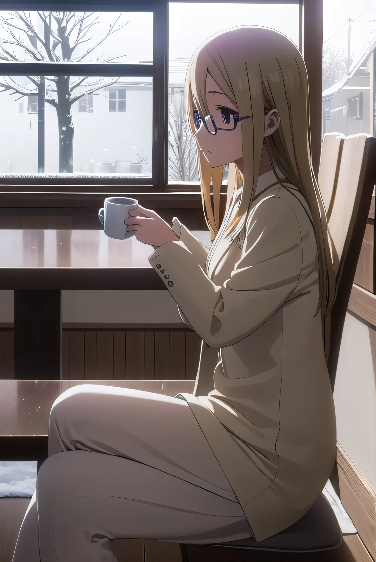 ai Hayasaka , Extremely detailed face , perfect lighting , Extremely detailed computer graphics, (perfect hands, Perfect Anatomy ),
sits on a chair, glasses, writes in a book, in the background is a window where the snow , is in a wooden building , on the table a mug of coffee