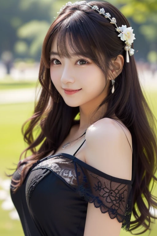 Photo-realistic quality、 doing a portrait in the park、Elegant Japanese woman, Cute Japanese Actress, She is wearing a gorgeous black dress with sheer lace、 looking at the camera、Detailed and beautiful eyes、Cute smile、A soft and gentle look