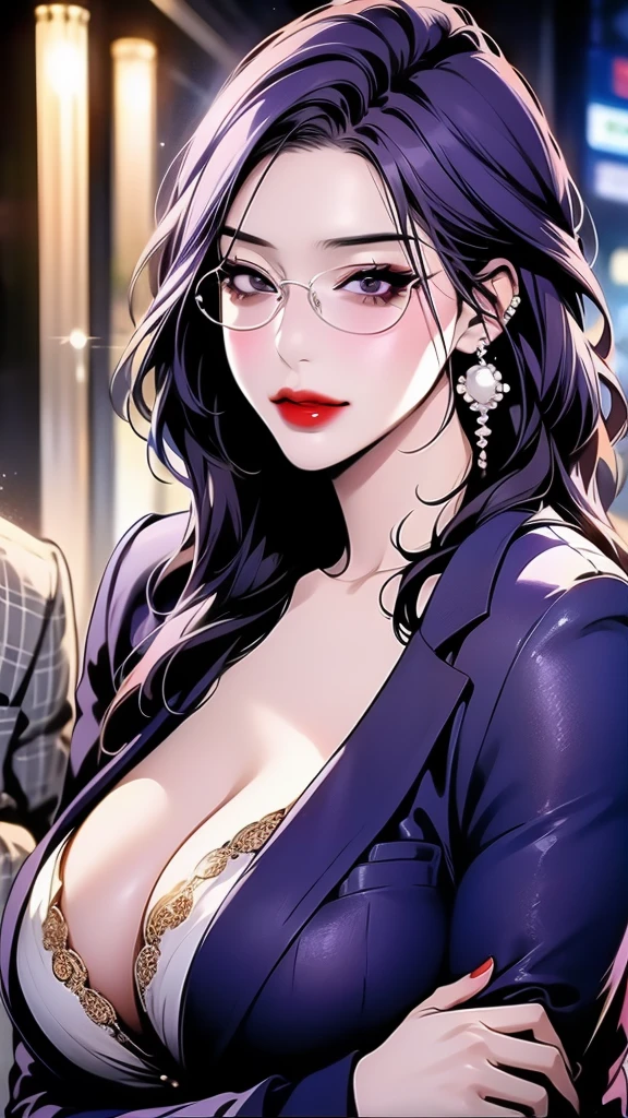 a beautiful Kim mi Jung hugging with fat old man, beautiful detailed eyes, beautiful detailed lips, extremely detailed face, purple hair, purple eyes, lipstick, bikini, huge saggy breasts, glasses, blazer, long pearl earrings, 